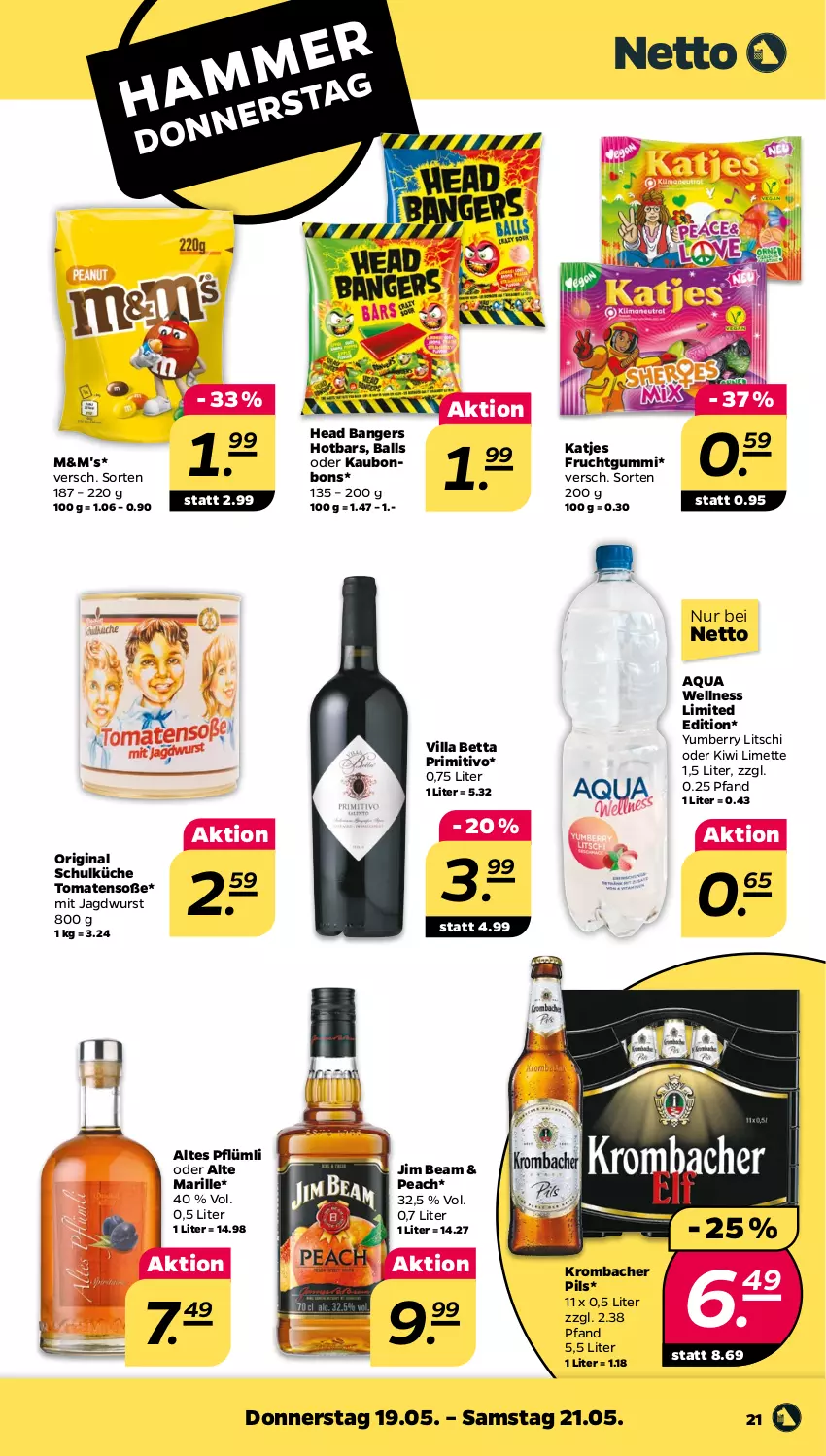 Aktueller Prospekt Netto - Angebote ab Montag - von 16.05 bis 21.05.2022 - strona 21 - produkty: aqua, ball, bett, bonbons, frucht, fruchtgummi, gin, jagdwurst, jim beam, katjes, kiwi, krombache, krombacher, krombacher pils, küche, limette, Mett, pils, primitivo, Soße, Ti, tomate, tomaten, wurst