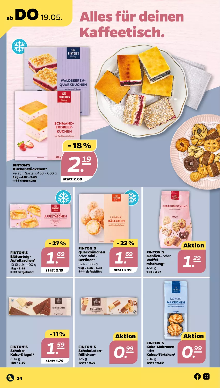 Aktueller Prospekt Netto - Angebote ab Montag - von 16.05 bis 21.05.2022 - strona 24 - produkty: apfel, Apfeltasche, berliner, blätterteig, kaffee, keks, kokos, krone, kuchen, quark, riegel, schoko, schokolade, schokoladen, Tasche, taschen, Ti, tisch, Törtchen