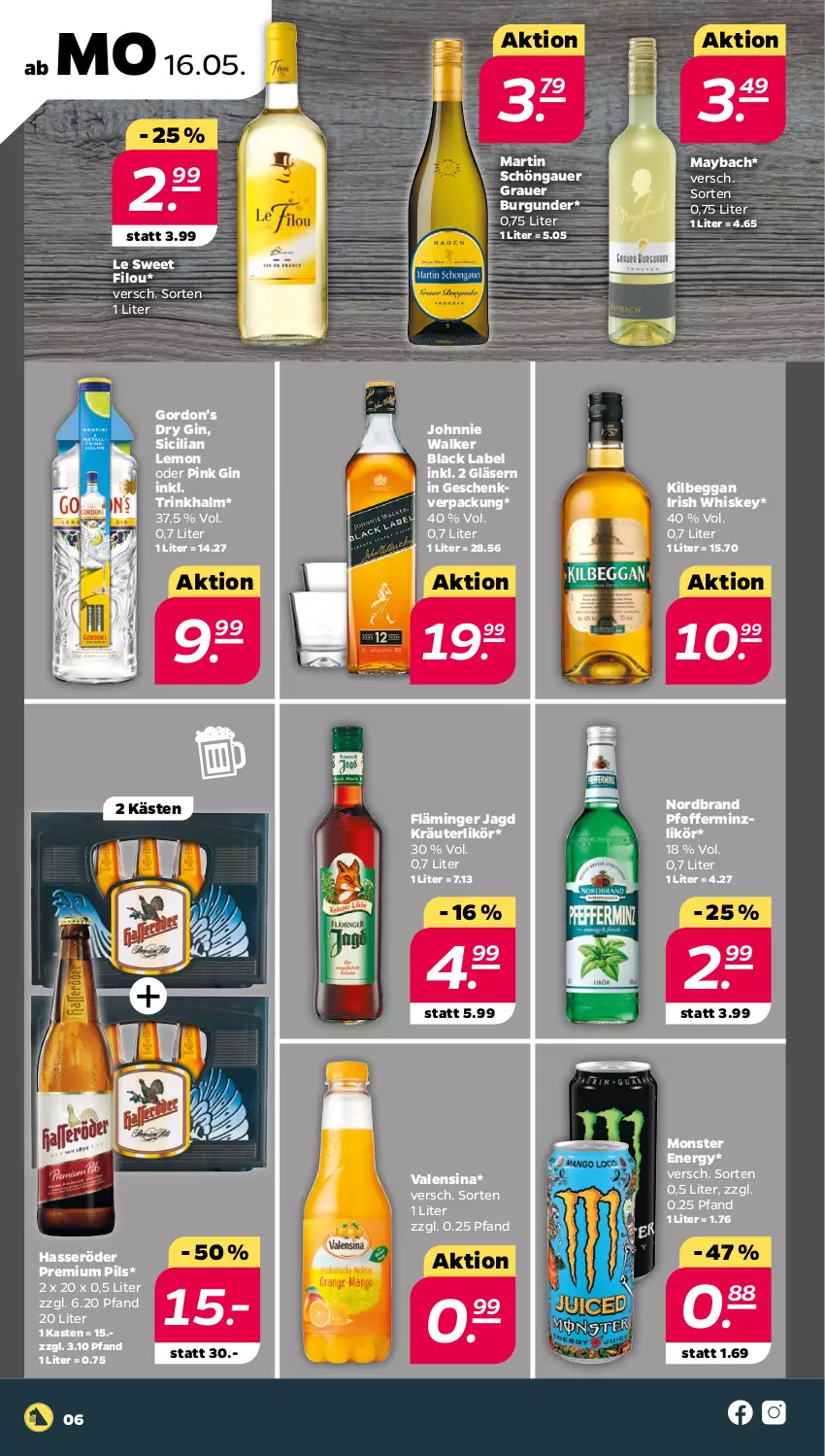 Aktueller Prospekt Netto - Angebote ab Montag - von 16.05 bis 21.05.2022 - strona 6 - produkty: auer, black label, burgunder, dry gin, gin, Gläser, gordon, Gordon’s, grauer burgunder, hasseröder, irish whiskey, johnnie walker, kilbeggan, kräuter, kräuterlikör, lack, likör, maybach, monster, Monster Energy, nordbrand, pfeffer, pfefferminzlikör, pils, premium pils, Ti, valensina, whiskey