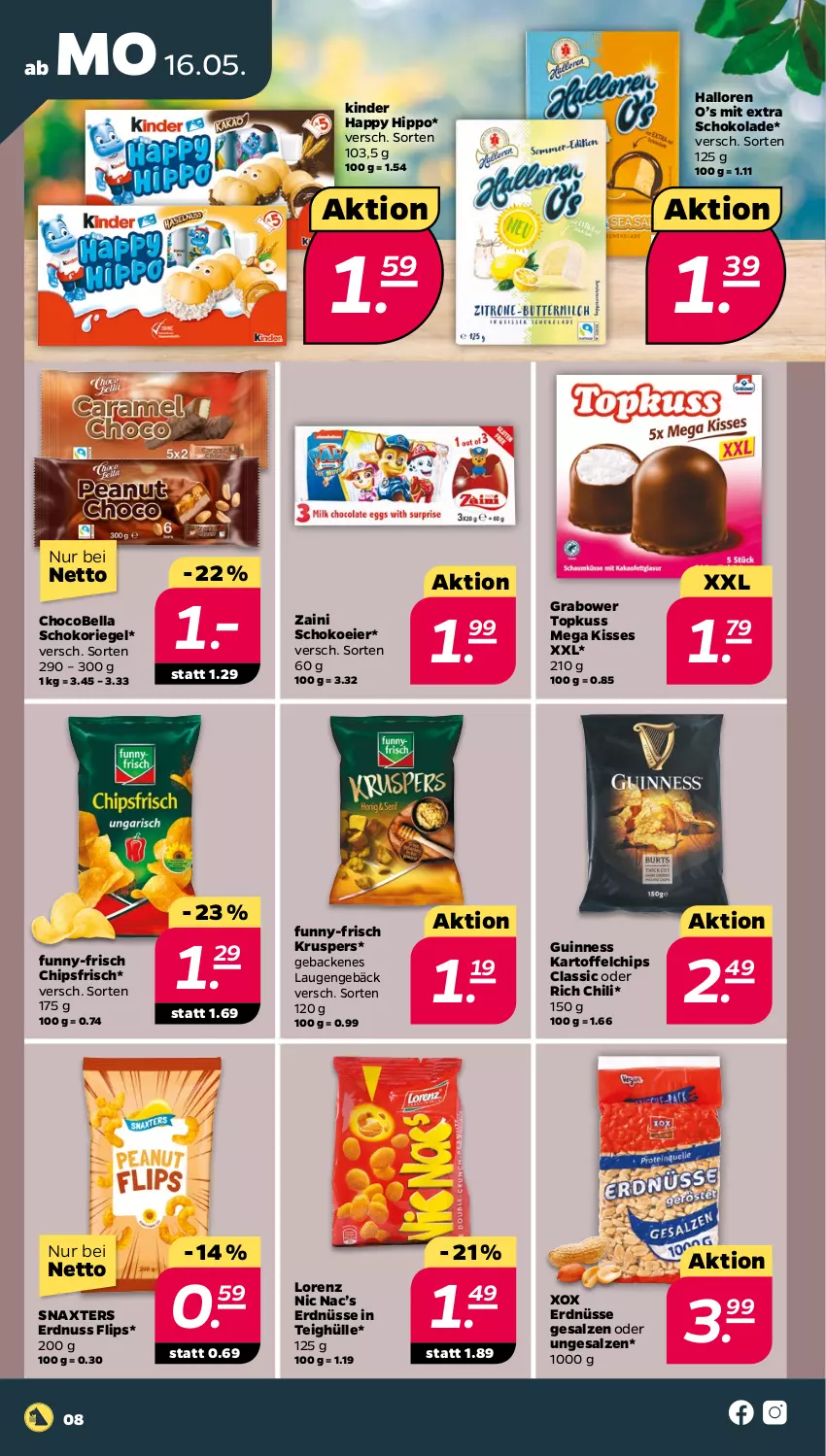 Aktueller Prospekt Netto - Angebote ab Montag - von 16.05 bis 21.05.2022 - strona 8 - produkty: chili, chips, chipsfrisch, eier, erdnuss, erdnüsse, funny-frisch, geback, Guinness, hipp, kartoffel, kartoffelchips, Kinder, lorenz, nuss, riegel, salz, schoko, schokolade, schokoriegel, Ti