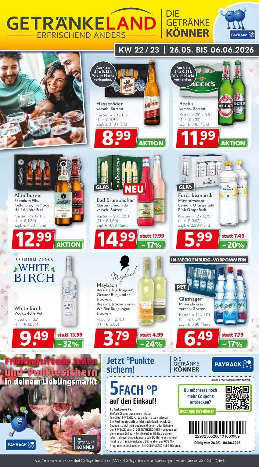 Aktueller Prospekt Getraenkeland - von 25.05 bis 05.06.2026 - strona 1 - produkty: aktionspreis, alkohol, altenburger, Alwa, auer, Bad, beck's, bestpreis, bestpreise, bier, bismarck, burger, burgunder, coupon, coupons, decke, eis, elle, flasche, frucht, Garten, getränk, getränke, grapefruit, grauer burgunder, hasseröder, kellerbier, LG, limo, limonade, maybach, mineralwasser, orange, payback, pils, premium pils, reis, riesling, Ti, vodka, wasser
