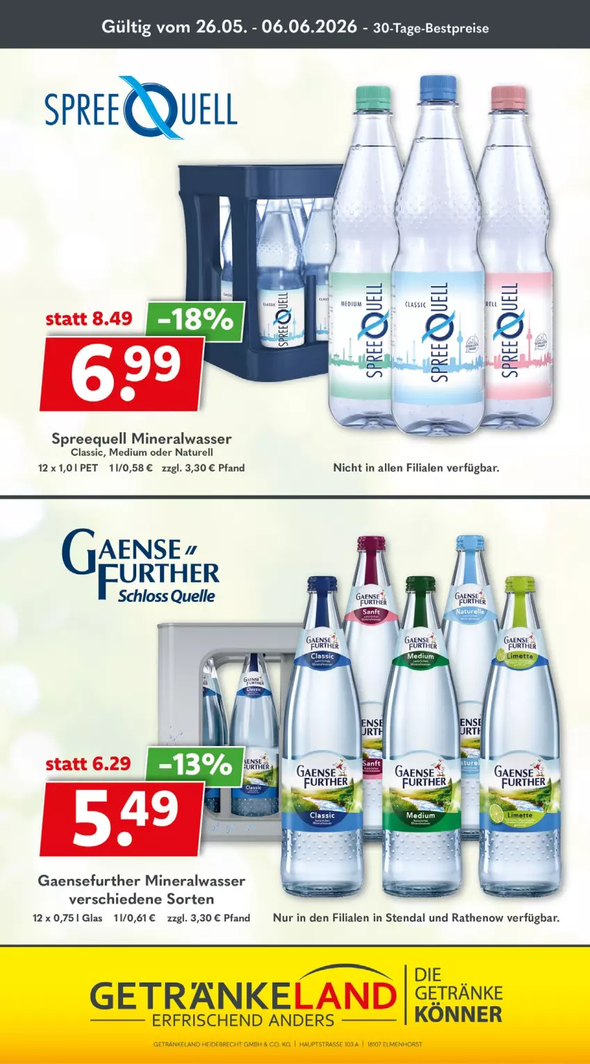 Aktueller Prospekt Getraenkeland - von 25.05 bis 05.06.2026 - strona 9 - produkty: Alwa, bestpreis, bestpreise, eis, Elan, elle, getränk, getränke, limette, Mett, mineralwasser, Mineralwasser Classic, natur, reis, rel, Spreequell, tee, Ti, wasser