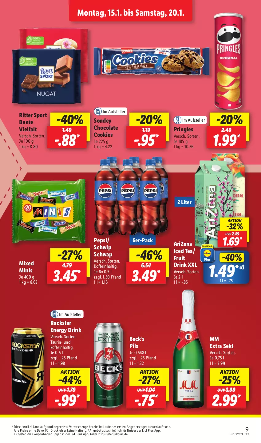 Aktueller Prospekt Lidl - Aktionsprospekt - von 15.01 bis 20.01.2024 - strona 11 - produkty: angebot, cola, cookie, cookies, coupon, drink, eis, elle, energy drink, mm extra, pepsi, pils, pringles, reis, ring, ritter, ritter sport, Rockstar, Schwip Schwap, sekt, Sondey, Sport, teller, Ti, ZTE