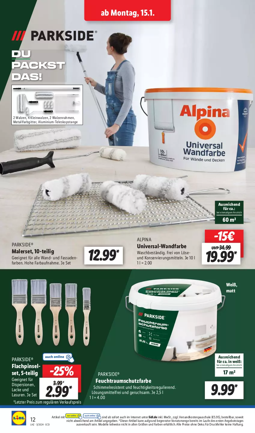 Aktueller Prospekt Lidl - Aktionsprospekt - von 15.01 bis 20.01.2024 - strona 16 - produkty: alpina, angebot, Bau, dell, eis, elle, fassadenfarbe, HP, lack, Lacke, Mode, ndk, Parkside, Pinsel, Pinselset, reis, Schal, Schale, Teleskop, Ti, ZTE