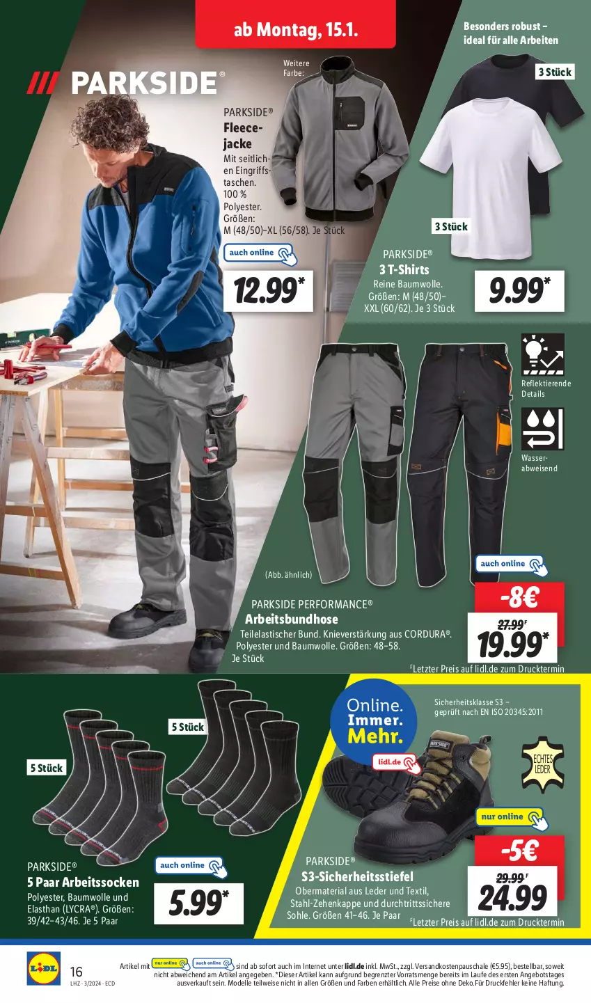 Aktueller Prospekt Lidl - Aktionsprospekt - von 15.01 bis 20.01.2024 - strona 20 - produkty: angebot, Arbeitssocken, asti, Bau, baumwolle, dell, eis, elle, Fleecejacke, hose, Jacke, Mode, ndk, Parkside, reine baumwolle, reis, Ria, Schal, Schale, shirt, shirts, socken, T-Shirt, Tasche, taschen, Ti, Tiere, tisch, wasser, wolle, ZTE