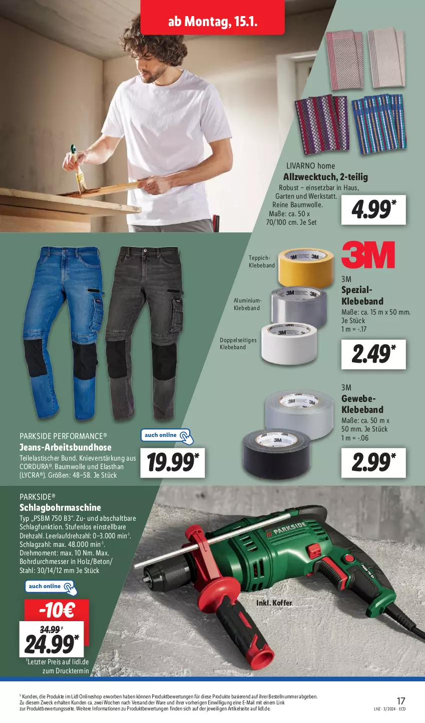 Aktueller Prospekt Lidl - Aktionsprospekt - von 15.01 bis 20.01.2024 - strona 21 - produkty: asti, Bau, baumwolle, Beba, eis, Garten, Holz, hose, jeans, koffer, messer, Parkside, reine baumwolle, reis, Schal, schlagbohrmaschine, Spezi, teppich, Ti, tisch, tuc, weck, wolle, ZTE