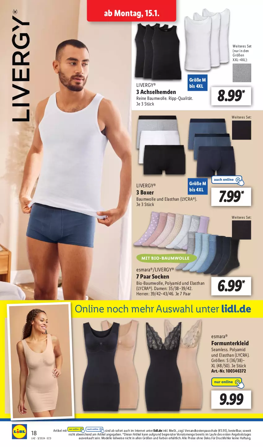 Aktueller Prospekt Lidl - Aktionsprospekt - von 15.01 bis 20.01.2024 - strona 22 - produkty: achselhemd, angebot, Bau, baumwolle, bio, bio-baumwolle, dell, eis, elle, esmara, hemd, hemden, kleid, livergy, mit bio-baumwolle, Mode, ndk, reine baumwolle, reis, Schal, Schale, socken, Ti, wolle, ZTE