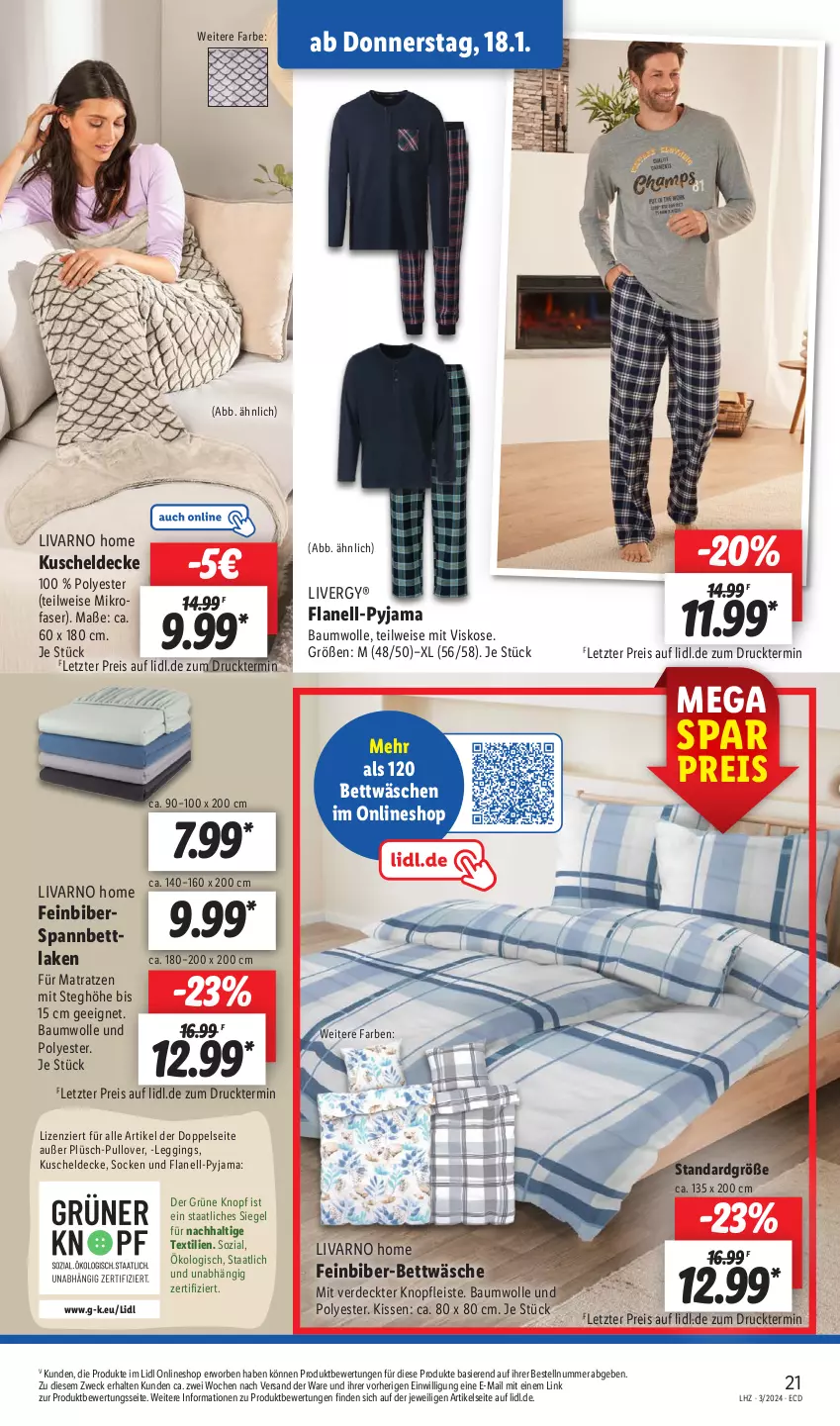 Aktueller Prospekt Lidl - Aktionsprospekt - von 15.01 bis 20.01.2024 - strona 25 - produkty: Bau, baumwolle, bett, bettwäsche, decke, eis, erde, gin, kissen, kuscheldecke, leggings, livergy, matratze, matratzen, Pullover, Pyjama, reis, socken, spannbettlaken, Ti, weck, wolle, ZTE