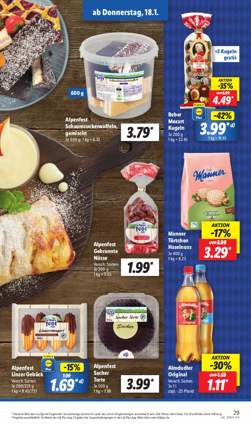 Aktueller Prospekt Lidl - Aktionsprospekt - von 15.01 bis 20.01.2024 - strona 33 - produkty: almdudler, angebot, coupon, eis, gin, haselnuss, Kugel, Manner, nuss, reis, sac, Schaumzucker, Ti, Törtchen, torte, waffeln, ZTE, zucker