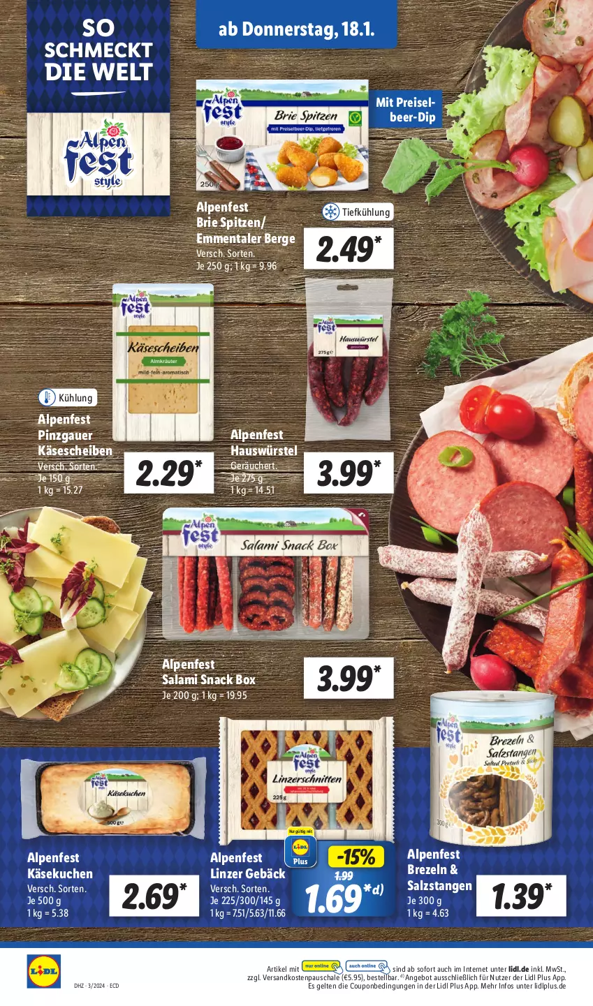 Aktueller Prospekt Lidl - Aktionsprospekt - von 15.01 bis 20.01.2024 - strona 36 - produkty: angebot, auer, brezel, Brezeln, brie, coupon, dip, eis, emmentaler, Käse, käsekuchen, käsescheiben, kuchen, ndk, reis, salami, salz, Salzstange, Salzstangen, Schal, Schale, snack, Ti