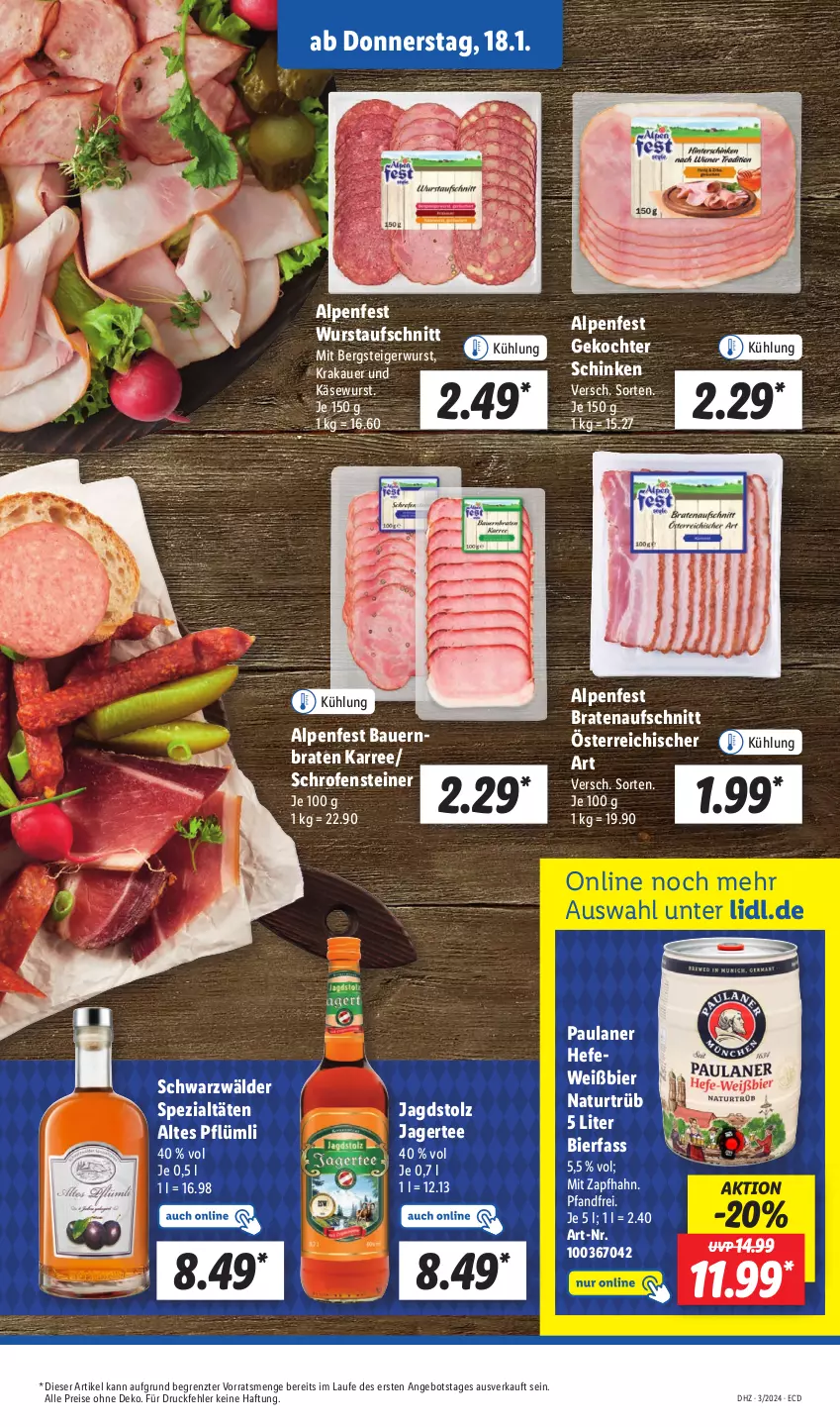 Aktueller Prospekt Lidl - Aktionsprospekt - von 15.01 bis 20.01.2024 - strona 37 - produkty: angebot, auer, aufschnitt, Bau, Bauer, bier, braten, bratenaufschnitt, eis, Hefe, Jagertee, Käse, Käsewurst, krakauer, natur, Ofen, Paula, paulaner, reis, schinken, Spezi, steiner, tee, Ti, wurst, ZTE