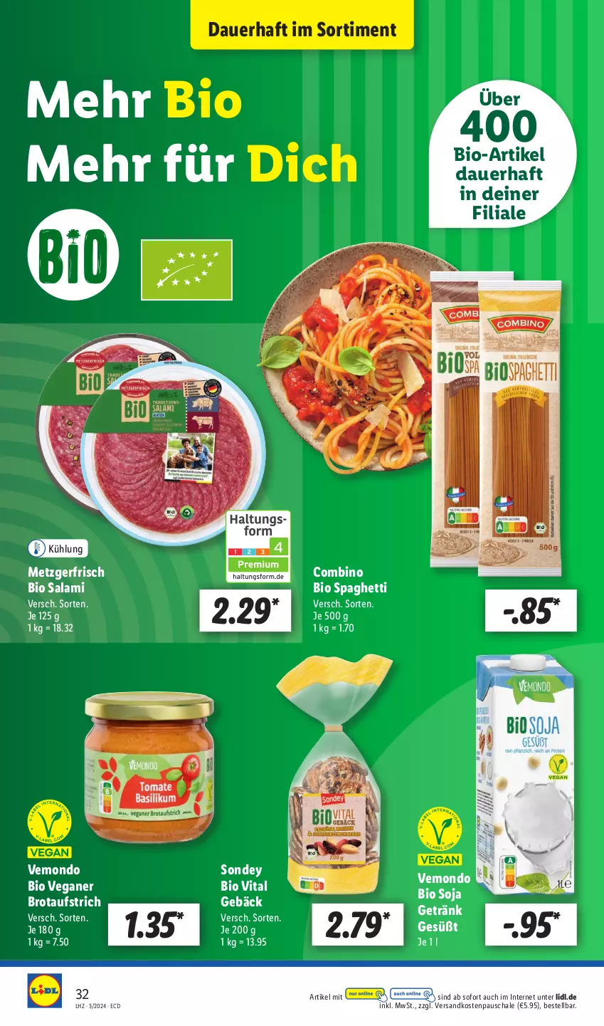 Aktueller Prospekt Lidl - Aktionsprospekt - von 15.01 bis 20.01.2024 - strona 38 - produkty: auer, aufstrich, bio, brot, brotaufstrich, getränk, ndk, salami, Schal, Schale, soja, Sondey, spaghetti, Ti, vita