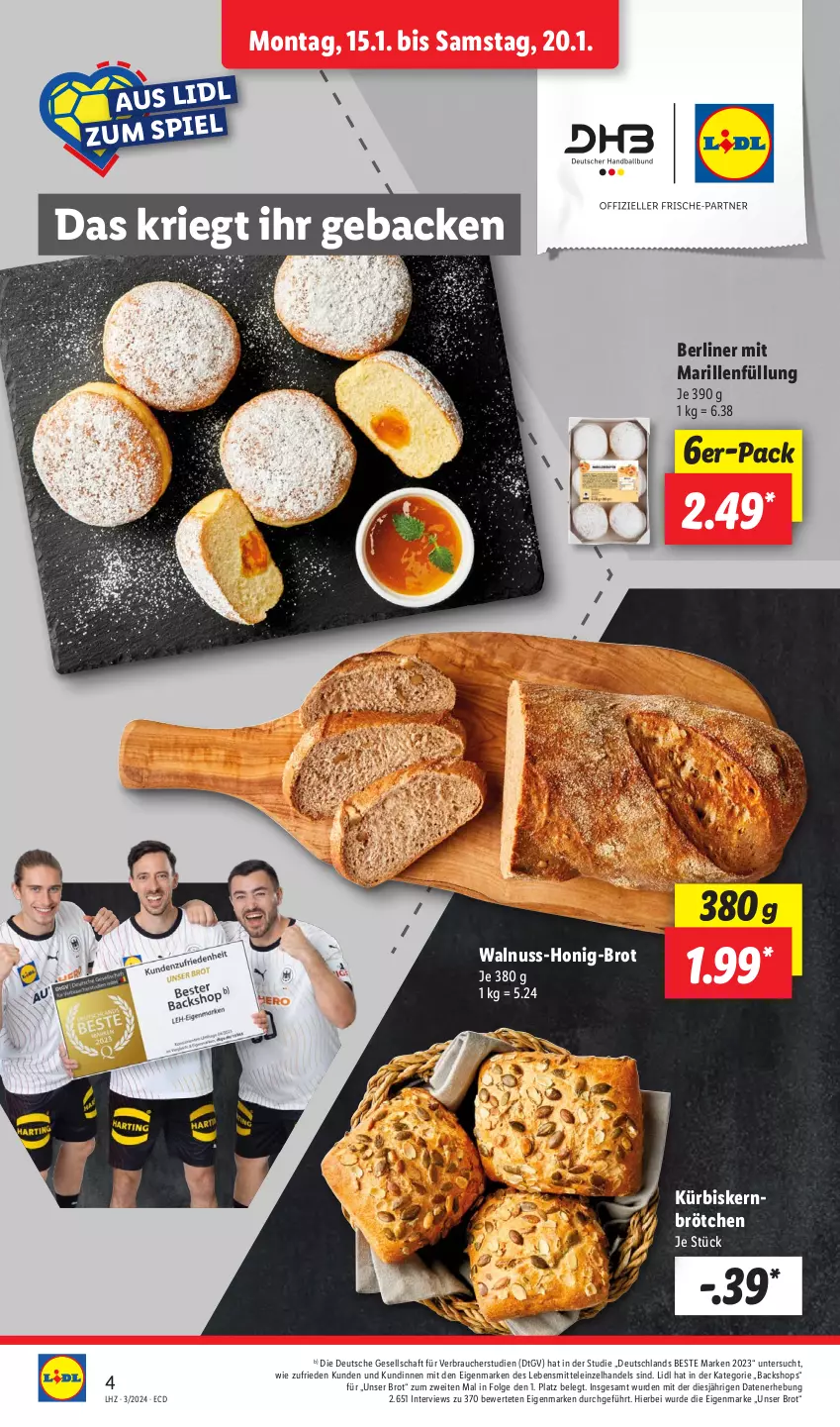 Aktueller Prospekt Lidl - Aktionsprospekt - von 15.01 bis 20.01.2024 - strona 4 - produkty: berliner, brot, brötchen, geback, honig, Kürbis, Kürbiskernbrötchen, lebensmittel, LG, nuss, Rauch, walnuss