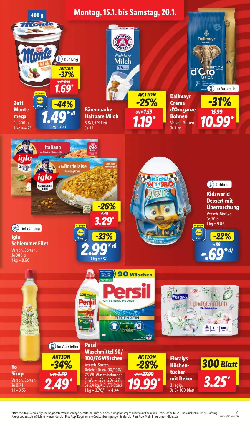 Aktueller Prospekt Lidl - Aktionsprospekt - von 15.01 bis 20.01.2024 - strona 9 - produkty: angebot, bärenmarke, bohne, bohnen, coupon, dallmayr, dessert, eis, elle, filet, Floralys, haltbare milch, iglo, küche, Küchen, milch, monte, persil, persil waschmittel, reis, sirup, teller, Ti, tücher, waschmittel, Yo, zott, Zott Monte, ZTE