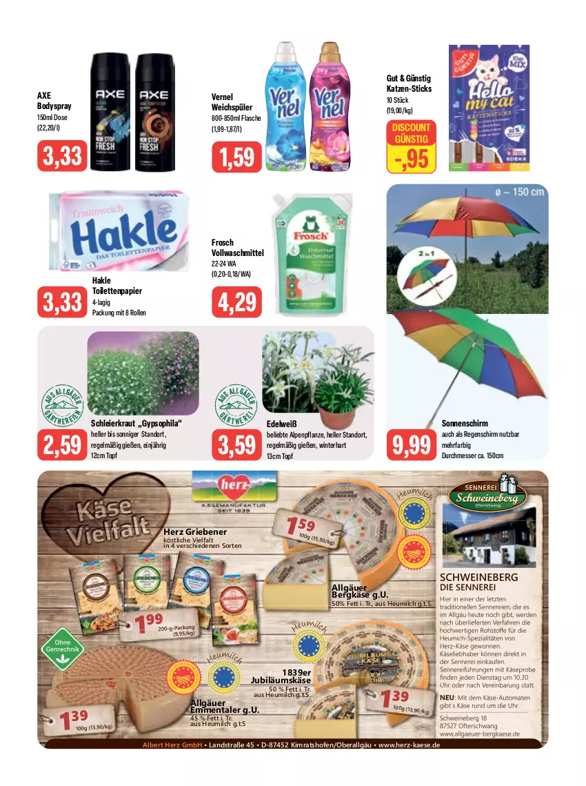 Aktueller Prospekt Feneberg - Prospekte - von 29.06 bis 01.07.2023 - strona 10 - produkty: auto, axe, Bergkäse, body, bodyspray, discount, eier, elle, emmentaler, erde, flasche, Frosch, hakle, hakle toilettenpapier, Heu, heumilch, Jubiläums, kaes, Käse, Kraut, LG, messer, milch, Ofen, papier, pflanze, schwein, schweine, sonnenschirm, Spezi, Ti, toilettenpapier, tomate, tomaten, topf, uhr, vernel, vollwaschmittel, waschmittel, weichspüler, wein, weine, ZTE