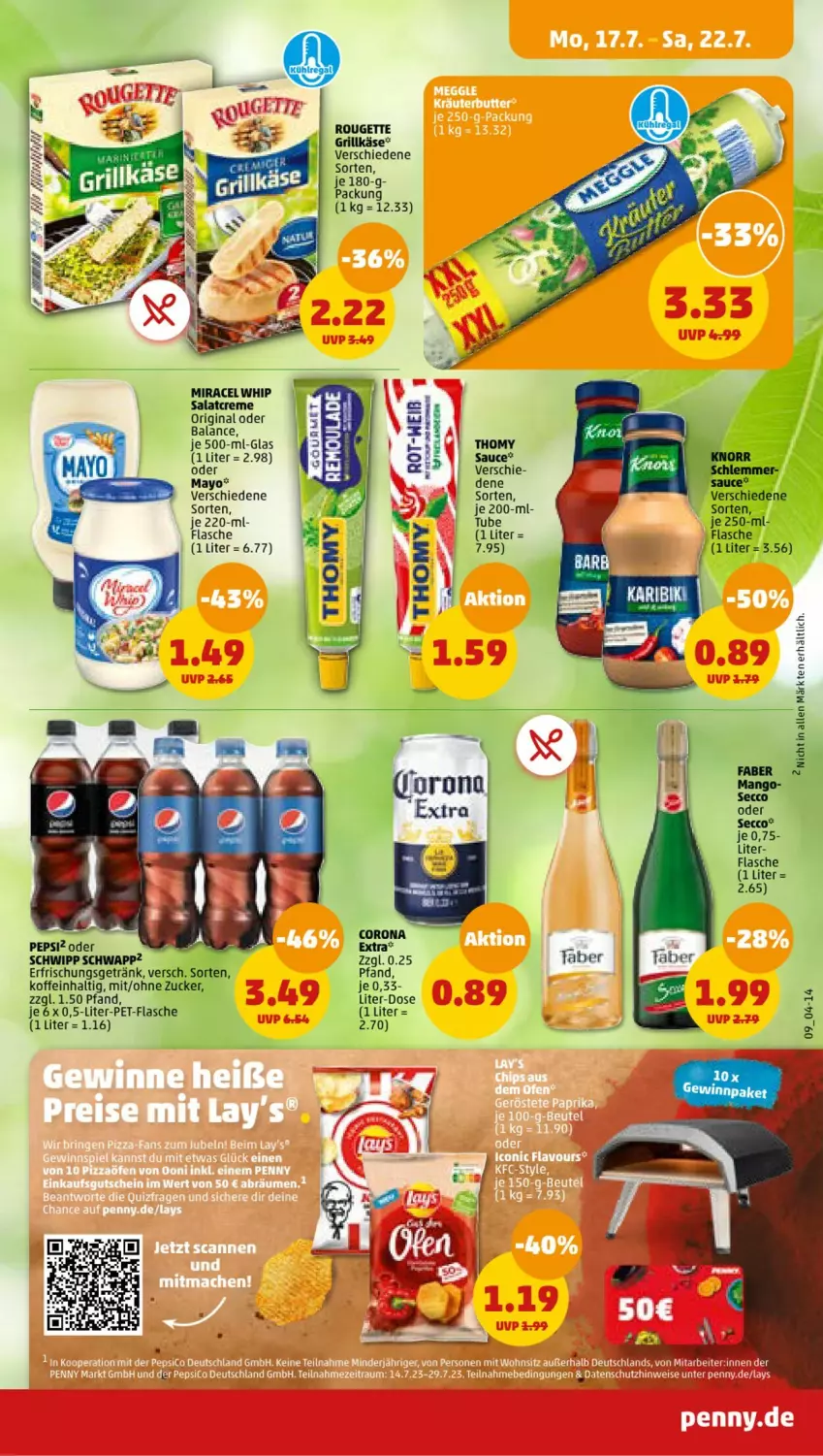 Aktueller Prospekt Penny - Prospekte - von 17.07 bis 22.07.2023 - strona 11 - produkty: creme, ecco, erfrischungsgetränk, flasche, getränk, grill, Grillkäse, Käse, mango, miracel, miracel whip, pepsi, pet-flasche, rouge, rougette, salat, salatcreme, sauce, thomy, Ti, Yo, zucker