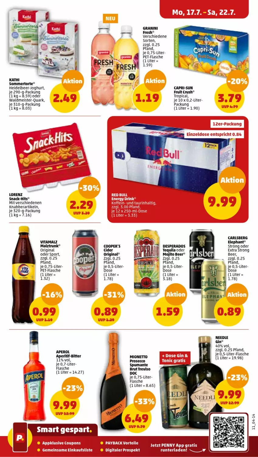 Aktueller Prospekt Penny - Prospekte - von 17.07 bis 22.07.2023 - strona 13 - produkty: aperitif, aperol, brut, Cap, capri-sun, carlsberg, cider, desperados, ecco, eis, flasche, gin, granini, joghur, joghurt, lorenz, malz, Meister, mionetto, mojito, pet-flasche, prosecco, quark, snack, Sport, tequila, Ti, torte, vita, vitamalz, waldmeister