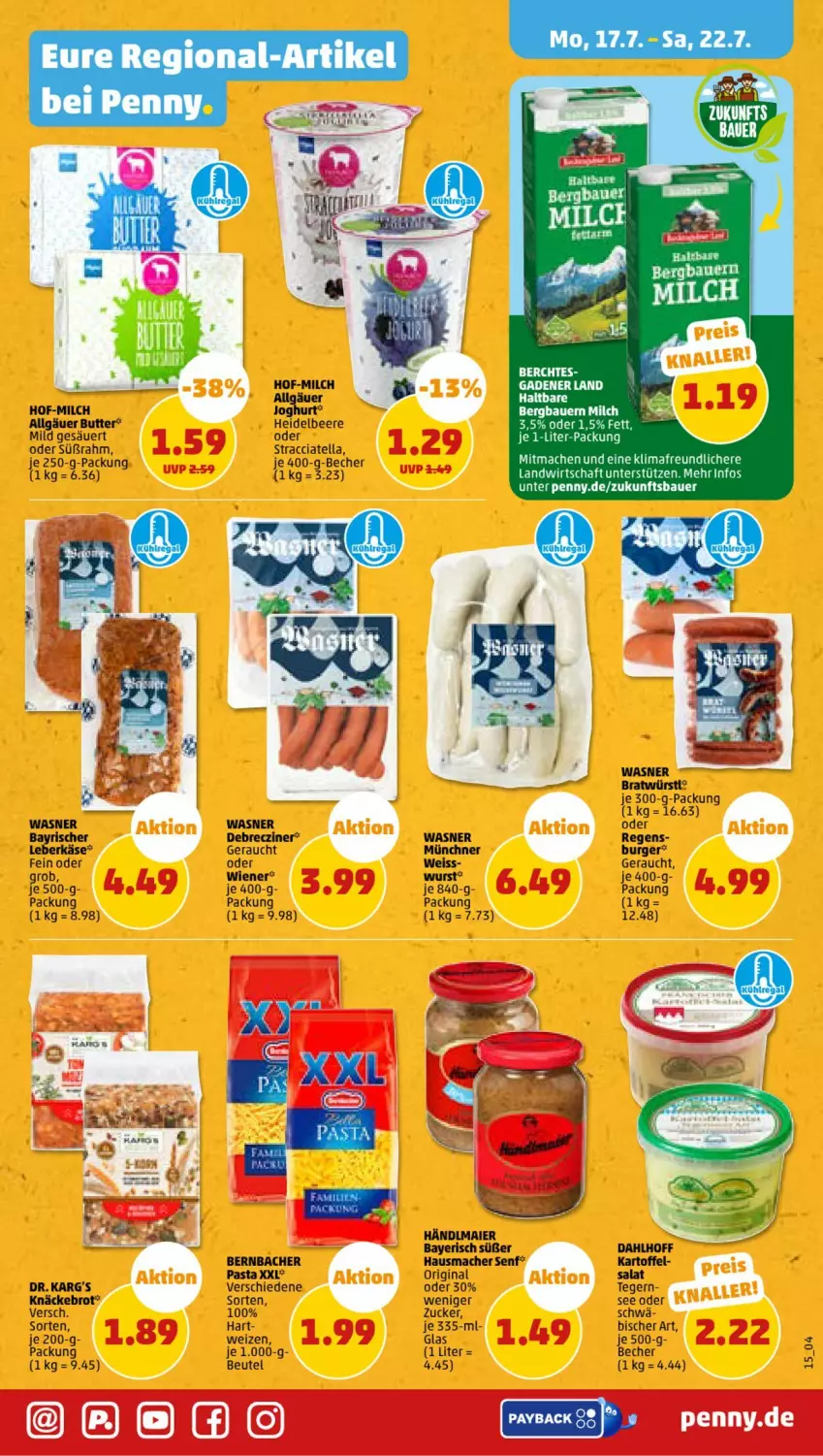 Aktueller Prospekt Penny - Prospekte - von 17.07 bis 22.07.2023 - strona 17 - produkty: auer, Bau, Bauer, Becher, beere, bernbacher, beutel, brot, burger, butter, debrecziner, eis, gin, händlmaier, Hausmacher, heidelbeere, joghur, joghurt, knäckebrot, LG, mac, milch, pasta, Rauch, senf, Ti, wurst, zucker