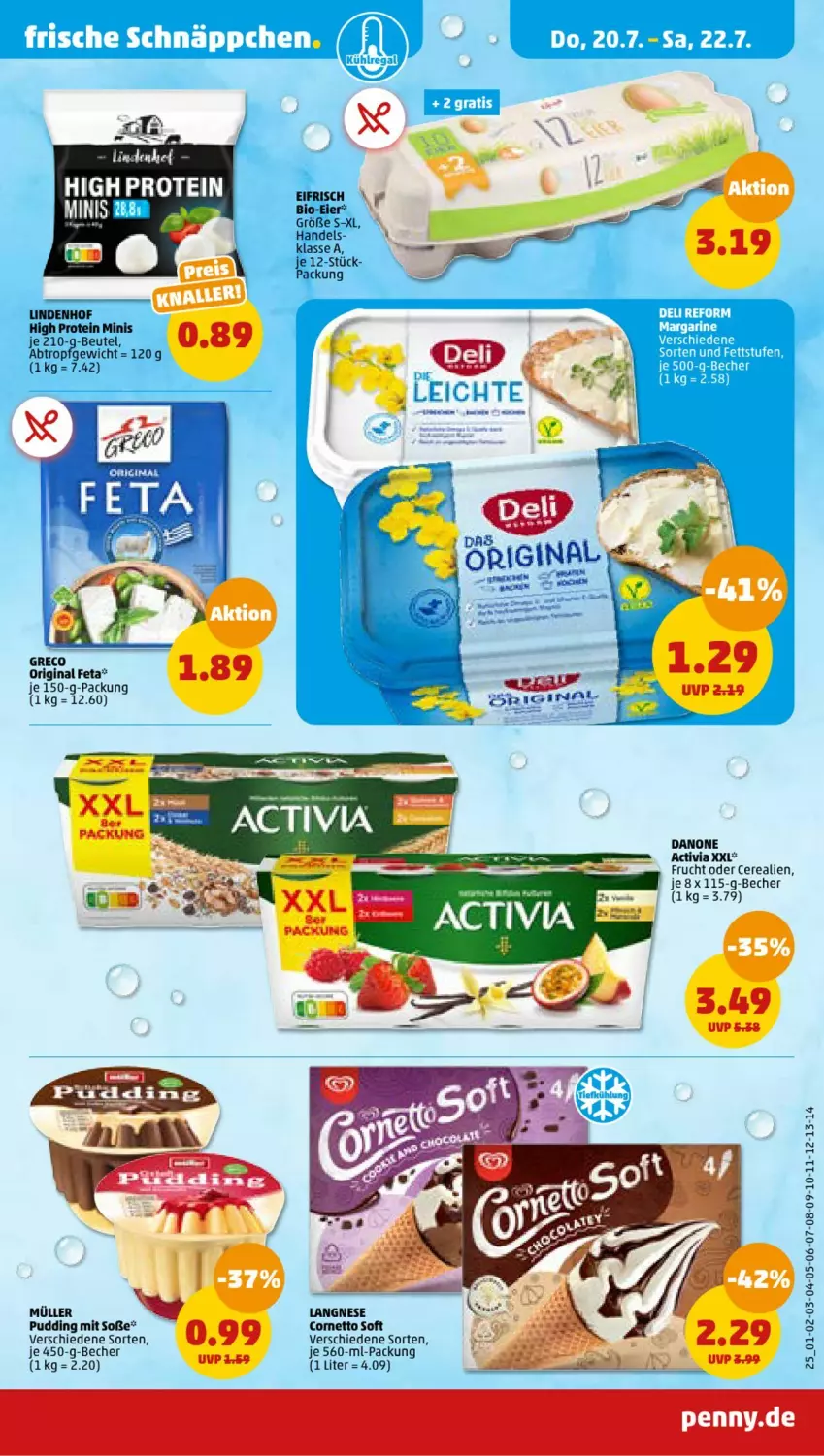 Aktueller Prospekt Penny - Prospekte - von 17.07 bis 22.07.2023 - strona 29 - produkty: activia, Becher, beutel, bio, cerealien, cornetto, danone, danone activia, eier, feta, frucht, gin, Müller, pudding, Soße, Ti