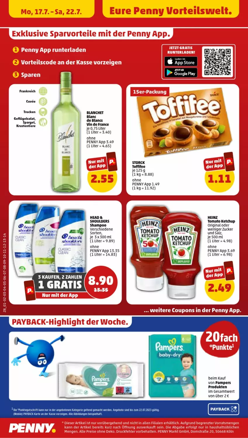 Aktueller Prospekt Penny - Prospekte - von 17.07 bis 22.07.2023 - strona 30 - produkty: eis, ente, erde, Geflügel, geflügelsalat, gin, heinz, ketchup, pampers, payback, salat, salz, shampoo, spargel, storck, Ti, Tiere, toffifee, tomato ketchup, vin de france