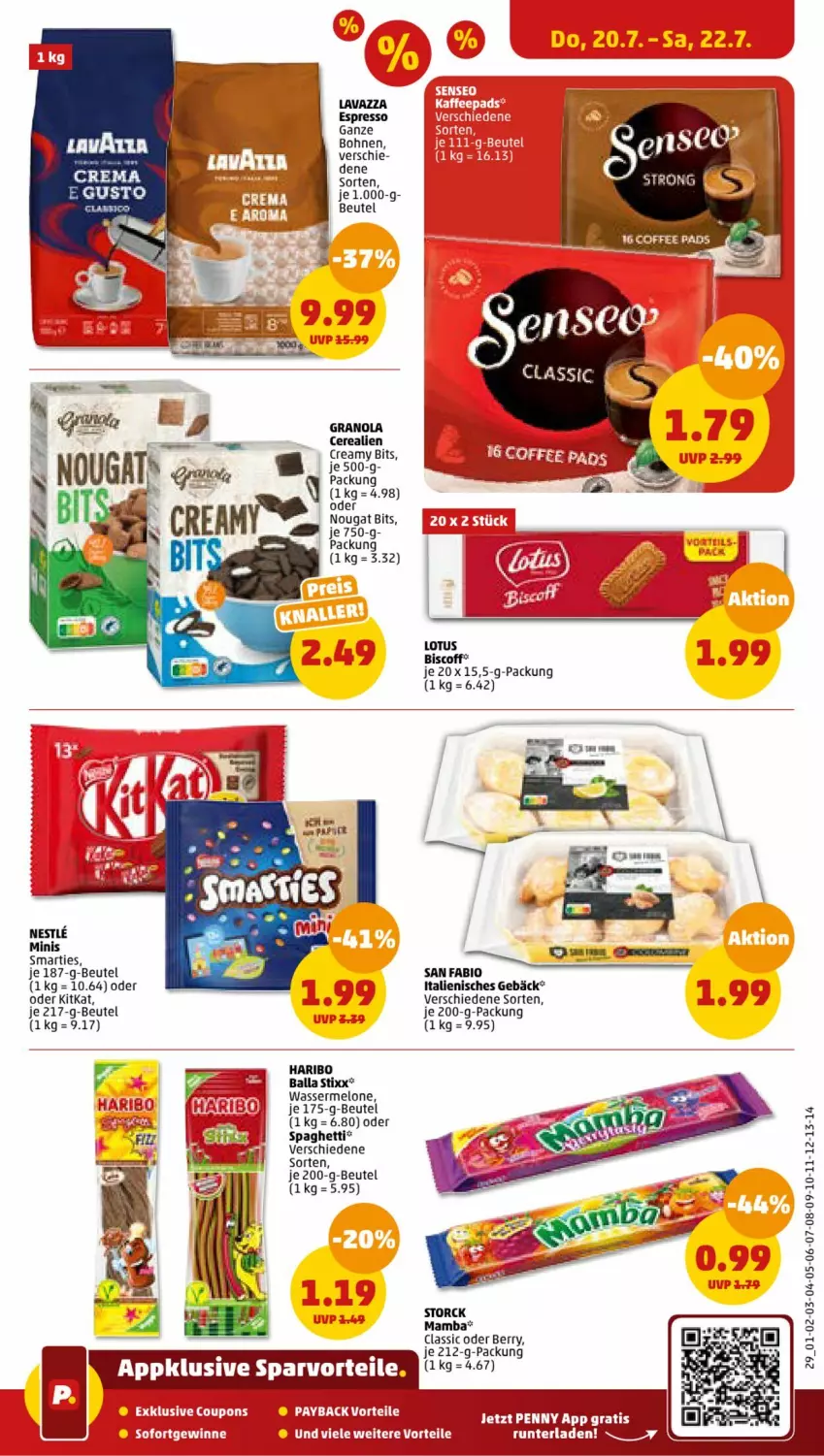 Aktueller Prospekt Penny - Prospekte - von 17.07 bis 22.07.2023 - strona 31 - produkty: ball, beutel, bio, biscoff, bohne, bohnen, cerealien, coupon, coupons, espresso, haribo, kitkat, lavazza, mam, melone, smarties, spaghetti, Ti, wasser, wassermelone