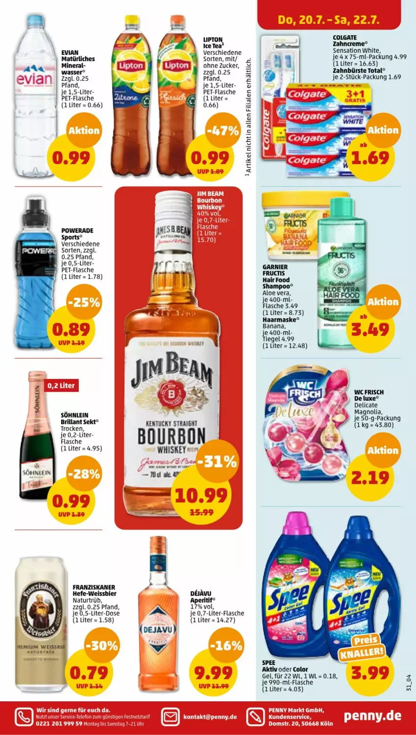 Aktueller Prospekt Penny - Prospekte - von 17.07 bis 22.07.2023 - strona 33 - produkty: aloe vera, aperitif, bier, bourbon, bürste, colgate, creme, eis, flasche, franziskaner, garnier, Hefe, LG, Maske, natur, pet-flasche, shampoo, spee, Sport, Ti, tuc, wasser, wc frisch, weissbier, whiskey, zahnbürste, zahncreme, zucker