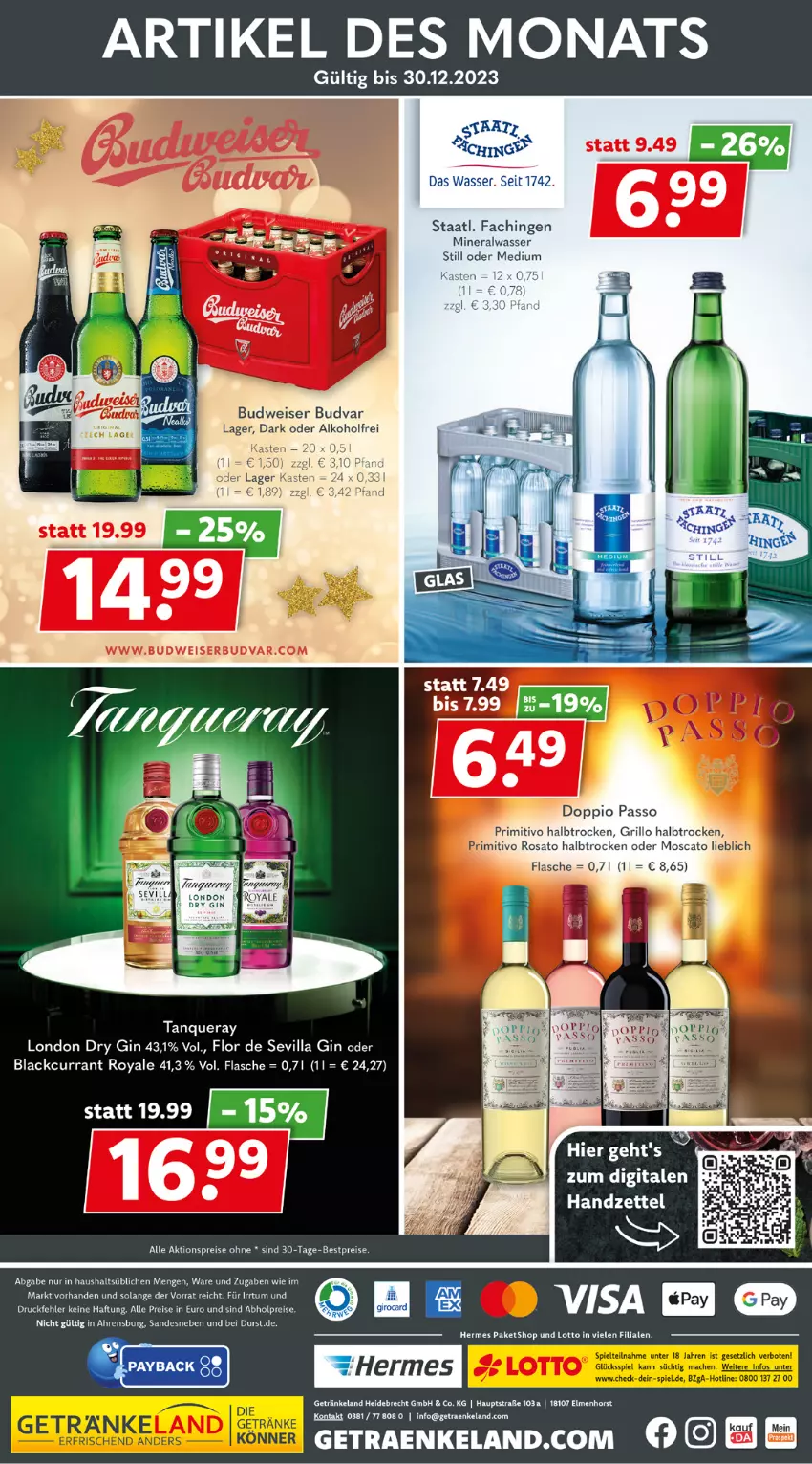 Aktueller Prospekt Getraenkeland - von 11.12 bis 23.12.2023 - strona 10 - produkty: abholpreise, aktionspreis, alkohol, Alwa, bestpreis, bestpreise, budweiser, Currant, doppio passo, dry gin, eis, Elan, flasche, getränk, getränke, gin, grill, grillo, lack, london dry, london dry gin, mineralwasser, Mineralwasser Still, nero, passo, primitivo, reis, rosato, Staatl. Fachingen, Tanqueray, Ti, wasser