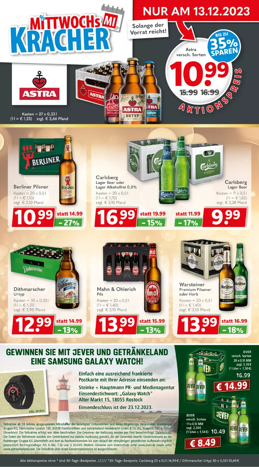 Aktueller Prospekt Getraenkeland - von 11.12 bis 23.12.2023 - strona 2 - produkty: aktionspreis, alkohol, Berger, berliner, bestpreis, bestpreise, carlsberg, eis, Elan, erde, getränk, getränke, gewinnspiel, jever, LG, mars, pils, pilsener, pilsner, premium pils, radeberger, reis, Samsung, samsung galaxy, samsung galaxy watch, steiner, Ti, urtyp, warsteiner, weck