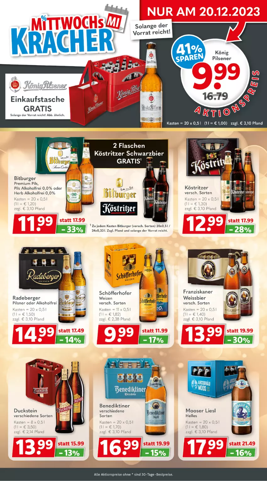 Aktueller Prospekt Getraenkeland - von 11.12 bis 23.12.2023 - strona 3 - produkty: aktionspreis, alkohol, Benediktiner, Berger, bestpreis, bestpreise, bier, bitburger, burger, Duck, Einkaufstasche, eis, elle, franziskaner, köstritzer, pils, pilsener, pilsner, premium pils, radeberger, reis, schöfferhofer, Tasche, Ti, weissbier