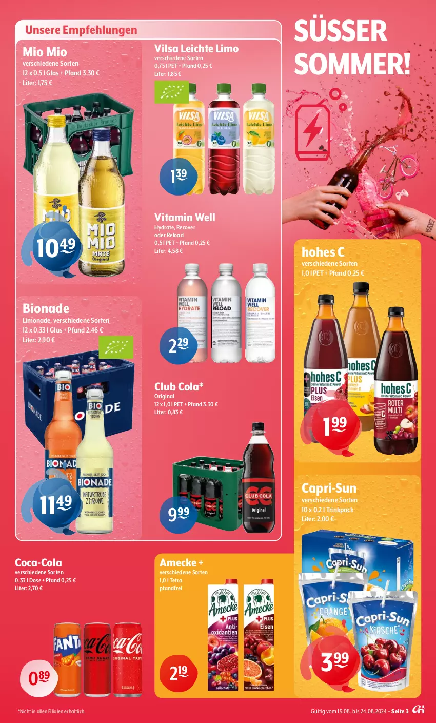 Aktueller Prospekt Getraenke Hoffmann - Prospekte - von 19.08 bis 24.08.2024 - strona 3 - produkty: amecke, bio, bionade, Cap, capri-sun, coca-cola, cola, gin, Hohes C, limo, limonade, Mio Mio, rel, Ti, vilsa, vita