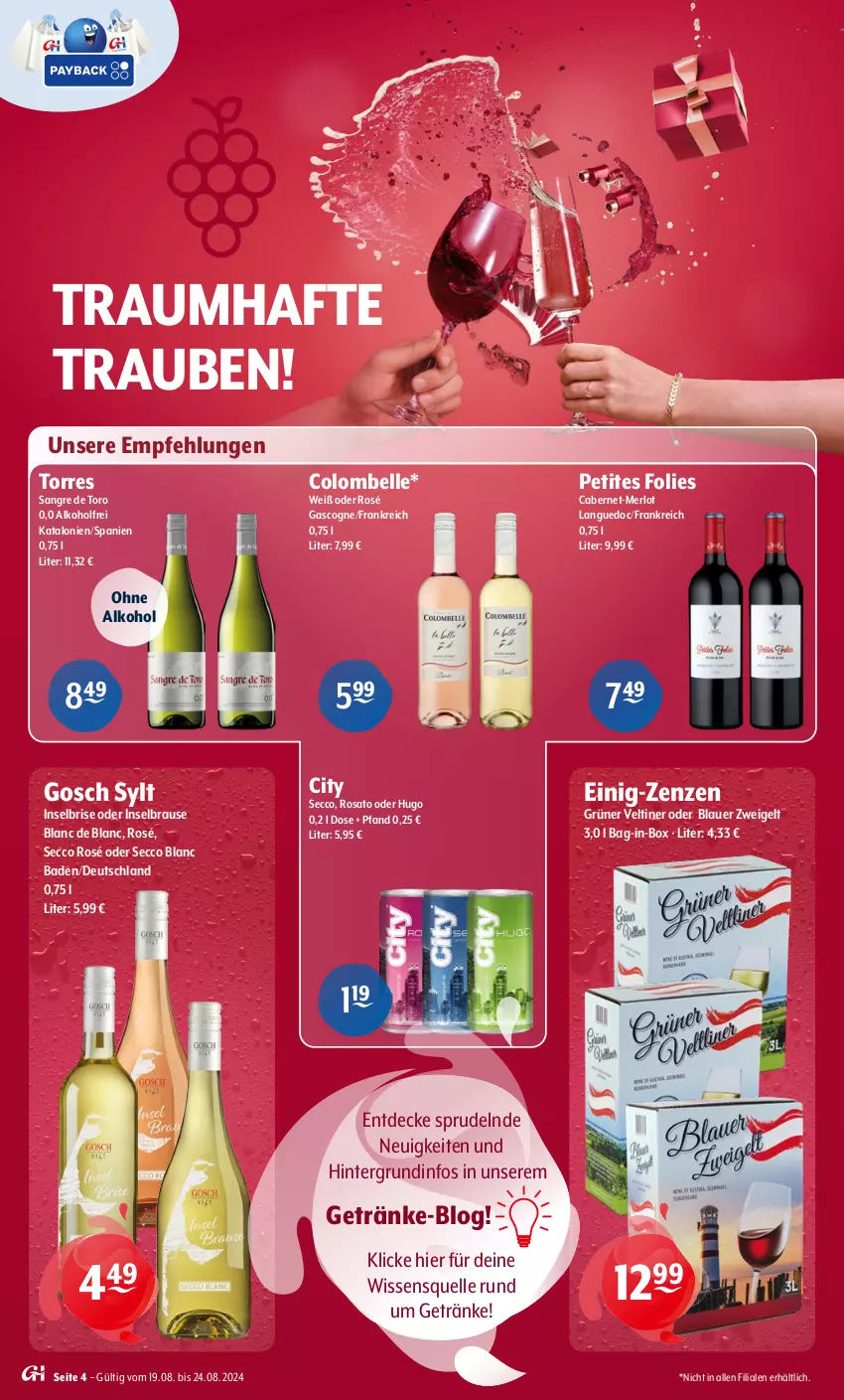 Aktueller Prospekt Getraenke Hoffmann - Prospekte - von 19.08 bis 24.08.2024 - strona 4 - produkty: alkohol, auer, Bad, bag-in-box, blauer zweigelt, brause, cabernet, decke, ecco, elle, getränk, getränke, hugo, merl, merlot, ohne alkohol, rosato, Sprudel, Ti, trauben, Zweigelt