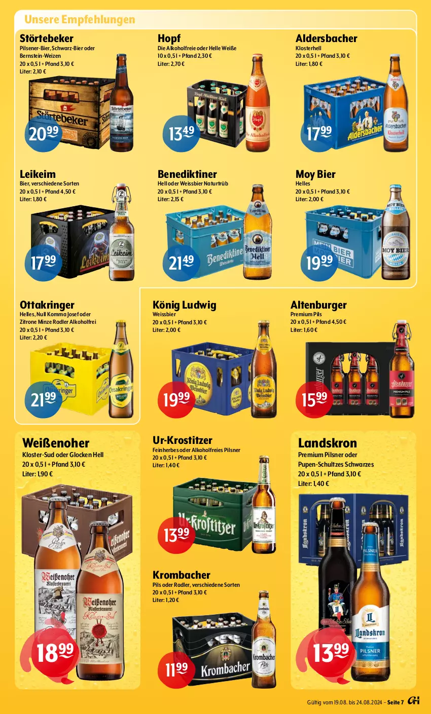 Aktueller Prospekt Getraenke Hoffmann - Prospekte - von 19.08 bis 24.08.2024 - strona 7 - produkty: Aldersbacher, alkohol, altenburger, Benediktiner, bier, burger, eis, elle, krombache, krombacher, krombacher pils, minze, Moy Bier, natur, oder radler, Ottakringer, pils, pilsener, pilsner, premium pils, radler, ring, störtebeker, Ti, weissbier, zitrone