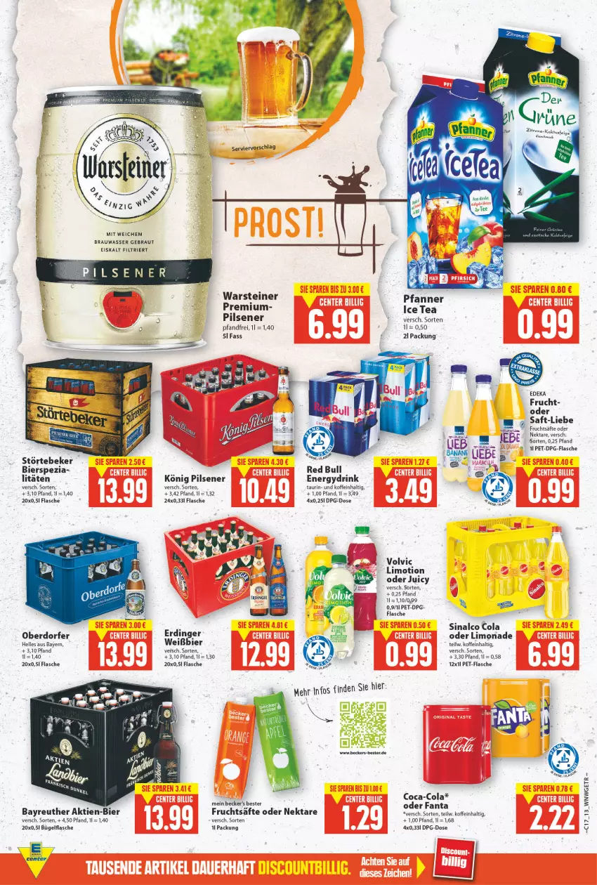 Aktueller Prospekt E Center - Angebote der Woche - von 25.04 bis 30.04.2022 - strona 12 - produkty: bier, bügel, bügelflasche, coca-cola, cola, drink, eis, elle, erdinger, fanta, flasche, frucht, fruchtsäfte, ice tea, könig pilsener, limo, limonade, Nektar, pet-flasche, pfanne, Pfanner, pils, pilsener, red bull, saft, säfte, sinalco, Spezi, steiner, störtebeker, tee, Ti, volvic, warsteiner, wasser