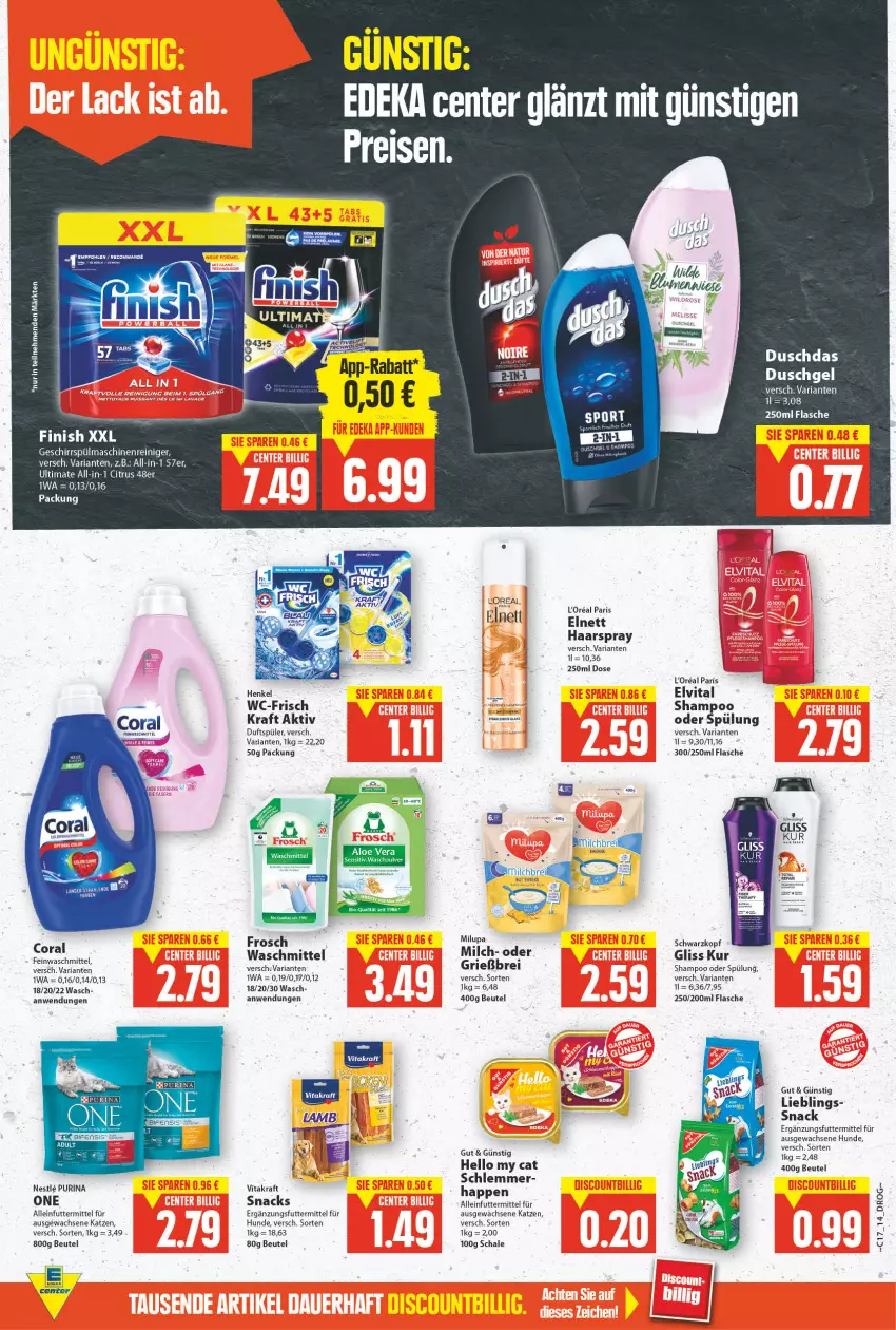 Aktueller Prospekt E Center - Angebote der Woche - von 25.04 bis 30.04.2022 - strona 13 - produkty: alleinfuttermittel, banane, beutel, Brei, citrus, Coral, duschdas, duschgel, eis, elvital, feinwaschmittel, flasche, Frosch, geschirr, gliss, gliss kur, haarspray, henkel, kraft, l'oreal, loreal, maschinenreiniger, milch, milupa, purina, reiniger, reis, Ria, Schal, Schale, schwarzkop, schwarzkopf, shampoo, shampoo oder spülung, snack, snacks, spülmaschinen, spülung, Ti, vita, vitakraft, waschmittel