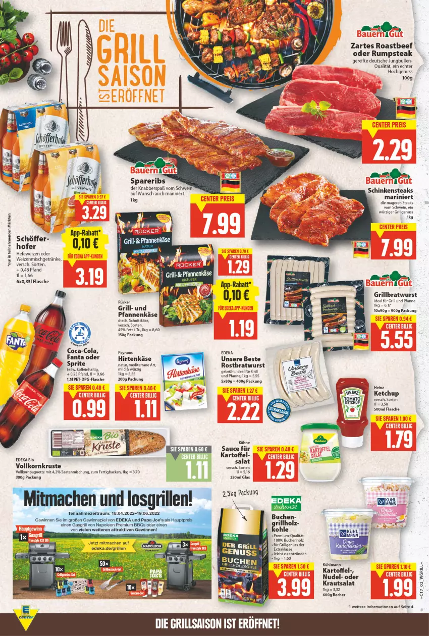 Aktueller Prospekt E Center - Angebote der Woche - von 25.04 bis 30.04.2022 - strona 2 - produkty: baguette, Becher, beef, bio, bratwurst, buch, coca-cola, cola, deka, edeka bio, eis, fanta, fanta oder, flasche, für grill und pfanne, gasgrill, getränk, getränke, gewinnspiel, grill, grill und pfanne, grillbratwurst, Hefe, hefeweizen, heinz, hirtenkäse, Holz, ideal für grill, ideal für grill und pfanne, jungbullen, kartoffel, Käse, ketchup, korn, Kraut, krautsalat, kühlmann, Kühne, LG, mac, mm extra, natur, nudel, nuss, oder rumpsteak, pfanne, roastbeef, rum, rumpsteak, salat, sauce, schnittkäse, schwein, spareribs, sprite, steak, steaks, Ti, und pfanne, wein, wurst