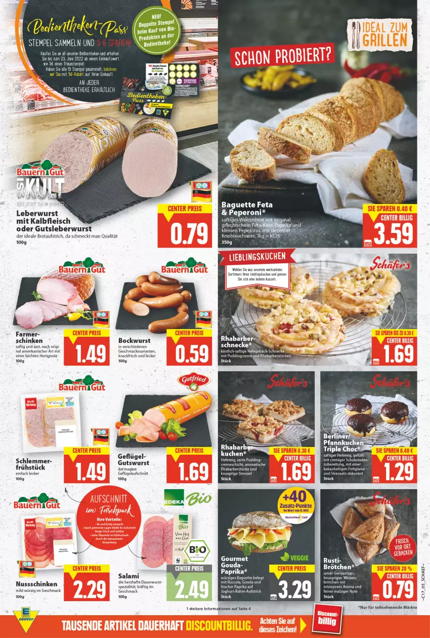 Aktueller Prospekt E Center - Angebote der Woche - von 25.04 bis 30.04.2022 - strona 5 - produkty: auer, aufschnitt, aufstrich, baguette, bockwurst, brot, brotaufstrich, cola, creme, eis, feta, fleisch, Geflügel, gouda, gutsleberwurst, Hefe, honig, joghur, joghurt, kakao, Kalbfleisch, knoblauch, kuchen, leberwurst, leine, LG, mac, mit kalbfleisch, nuss, paprika, peperoni, Peroni, pudding, rhabarber, Ria, saft, schinken, schoko, schokolade, schokoladen, Spezi, tee, Ti, tisch, tuc, wurst, Zelt