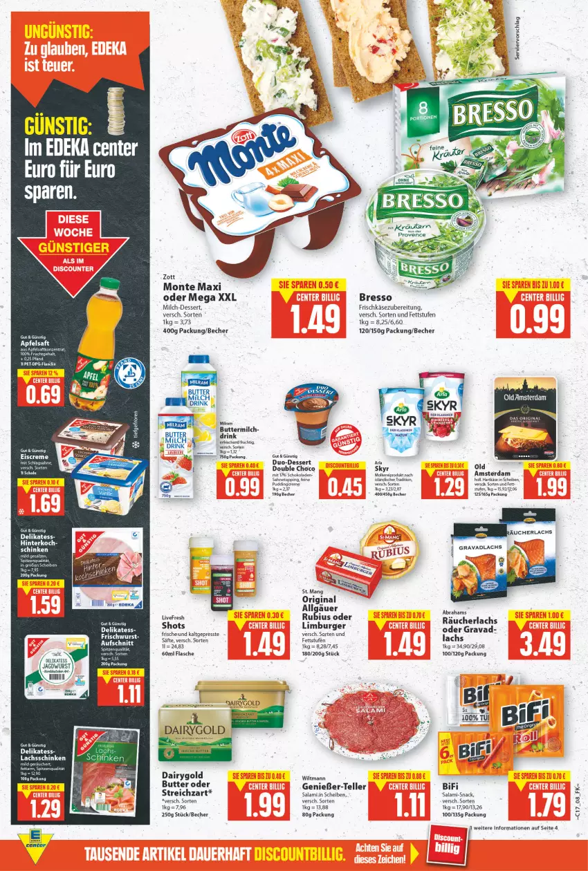 Aktueller Prospekt E Center - Angebote der Woche - von 25.04 bis 30.04.2022 - strona 8 - produkty: apfel, apfelsaft, arla, auer, Becher, bifi, bresso, burger, butter, buttermilch, creme, Dairygold, deka, dessert, drink, elle, ente, flasche, frischkäse, frischkäsezubereitung, frucht, gin, hartkäse, jagdwurst, Käse, kräuter, kräutern, lachs, lachsschinken, Limburger, milch, monte, nexa, pudding, Räucherlachs, Rubius, saft, säfte, sahne, salami, salz, schinken, schlagsahne, schoko, schokolade, schokoladen, Skyr, snack, spitzenqualität, Streichzart, teller, Ti, wiltmann, wurst, zott, Zott Monte