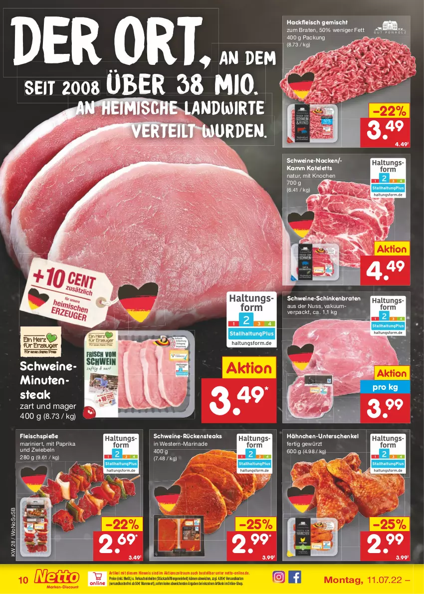 Aktueller Prospekt Netto Marken-Discount - Filial-Angebote - von 11.07 bis 16.07.2022 - strona 10 - produkty: braten, eis, fleisch, Fleischspieße, gewürz, hackfleisch, hackfleisch gemischt, henkel, kotelett, marinade, mit paprika, natur, ndk, nuss, paprika, reis, Rückensteak, rückensteaks, schenkel, schinken, schinkenbraten, schwein, schweine, steak, steaks, Ti, usb, versandkostenfrei, wein, weine, Weste, zwiebel, zwiebeln