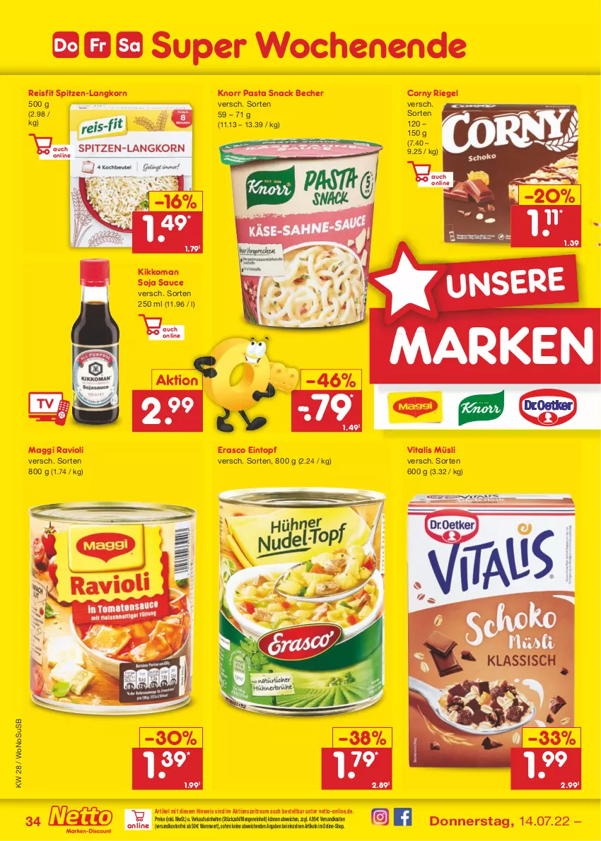 Aktueller Prospekt Netto Marken-Discount - Filial-Angebote - von 11.07 bis 16.07.2022 - strona 34 - produkty: Becher, corny, eintopf, eis, erasco, kikkoman, knorr, knorr pasta, korn, maggi, müsli, ndk, pasta, pasta snack, ravioli, reis, riegel, sauce, snack, soja, spitzen-langkorn, Ti, topf, usb, versandkostenfrei, vita, vitalis, vitalis müsli