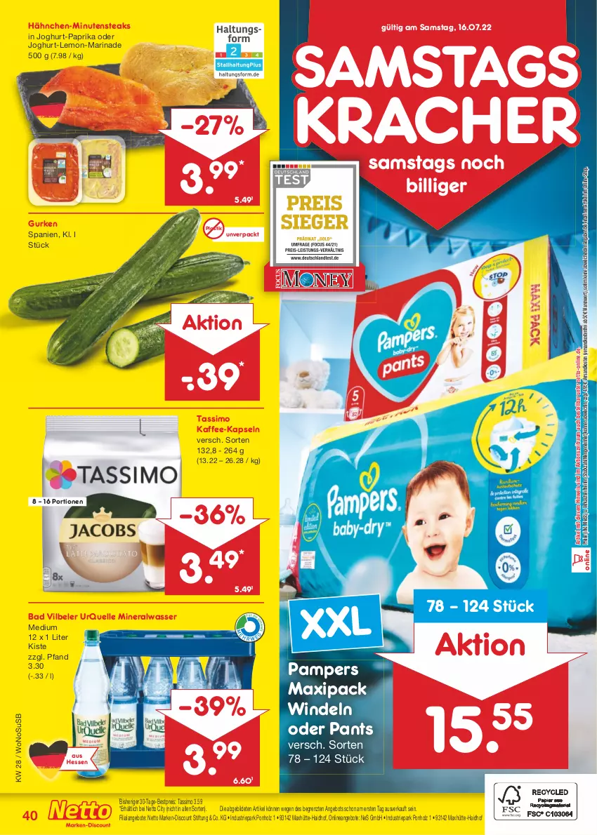 Aktueller Prospekt Netto Marken-Discount - Filial-Angebote - von 11.07 bis 16.07.2022 - strona 40 - produkty: Alwa, angebot, angebote, asti, Bad, bestpreis, discount, eis, elle, gurke, gurken, Holz, joghur, joghurt, kaffee, kaffee-kapseln, kracher, marinade, marken-discount, mineralwasser, Mineralwasser Medium, minutensteaks, ndk, pampers, Pants, paprika, reis, sim, steak, steaks, tassimo, Ti, usb, versandkostenfrei, wasser, windeln, windeln oder pants, ZTE