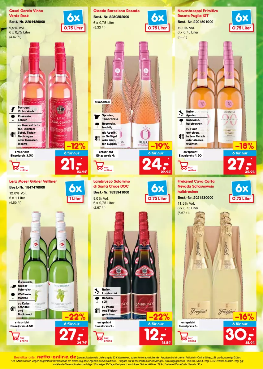 Aktueller Prospekt Netto Marken-Discount - Filial-Angebote - von 11.07 bis 16.07.2022 - strona 43 - produkty: alkohol, angebot, aperitif, Backhendl, bestpreis, casal garcia, Cava, eis, elle, erde, fisch, fleisch, freixenet, frucht, früchte, früchten, garnelen, Geflügel, grüner veltliner, Hendl, Lambrusco, Lenz Moser, meeresfrüchte, moser, ndk, pasta, primitivo, reis, ring, risotto, rosato, roséwein, rotwein, salami, salat, schnitzel, suppe, suppen, tempranillo, Ti, Tintenfischringe, versandkostenfrei, vinho verde, wein, Weißwein, ZTE