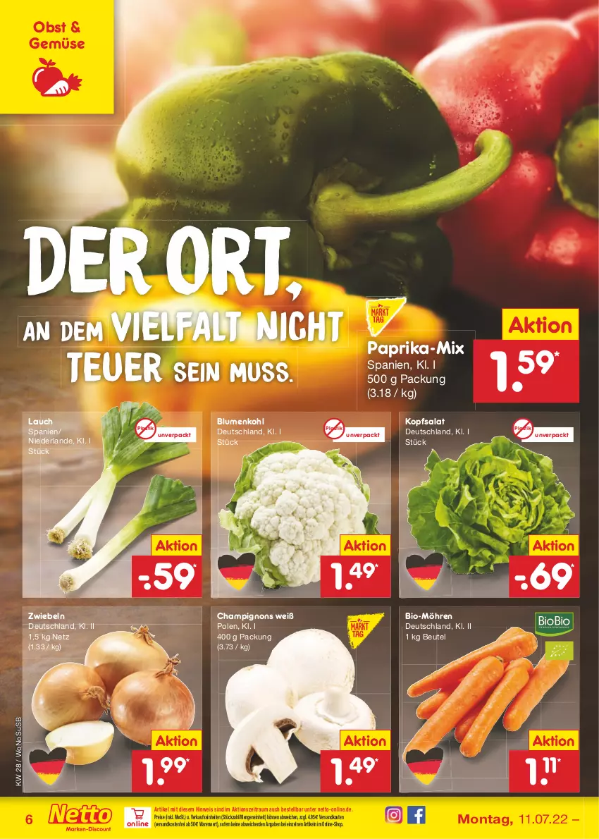 Aktueller Prospekt Netto Marken-Discount - Filial-Angebote - von 11.07 bis 16.07.2022 - strona 6 - produkty: asti, beutel, bio, blume, blumen, blumenkohl, champignon, champignons, eis, kopfsalat, möhren, ndk, obst, paprika, reis, salat, Ti, usb, versandkostenfrei, zwiebel, zwiebeln