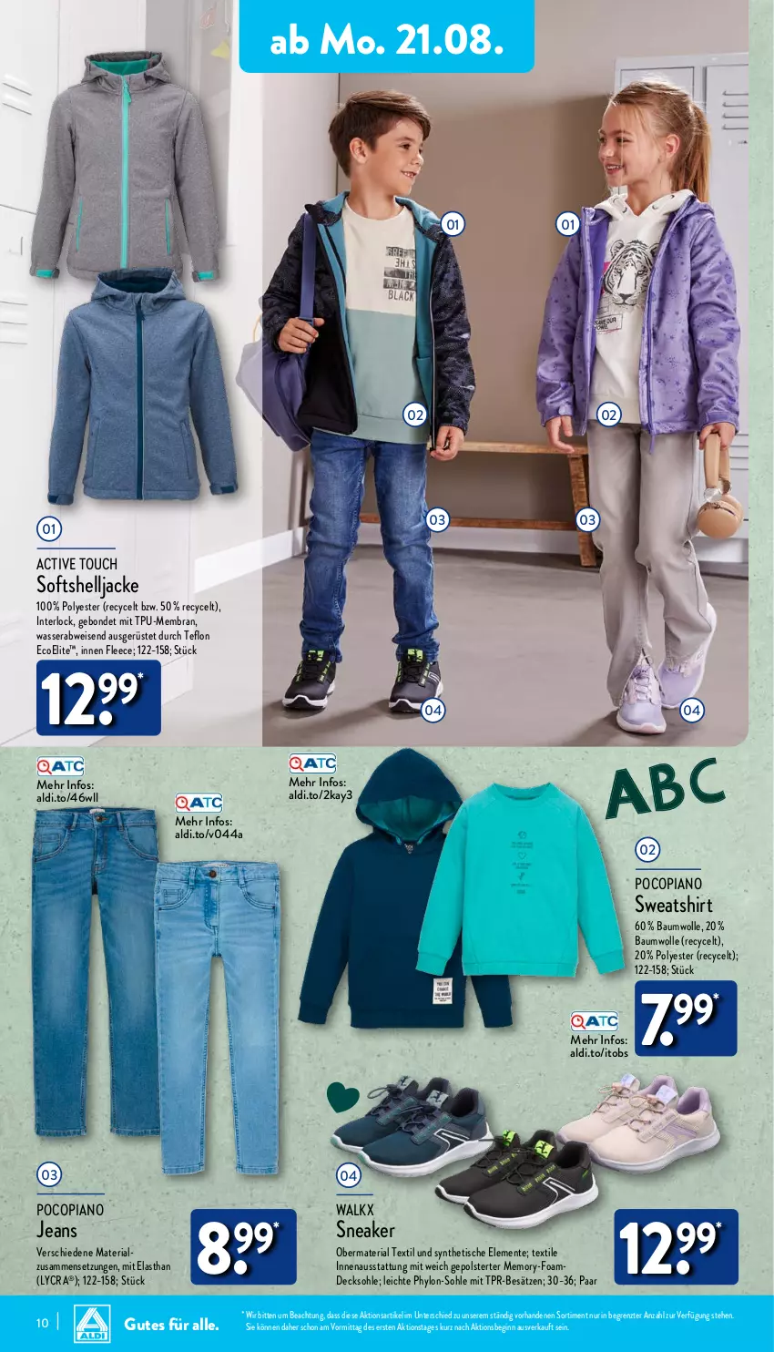 Aktueller Prospekt Aldi Nord - Von Montag - von 21.08 bis 26.08.2023 - strona 10 - produkty: active touch, aldi, Bau, baumwolle, decksohle, eis, ente, gin, Hylo, Jacke, jeans, pocopiano, Ria, shirt, sneaker, Sweatshirt, Ti, tisch, walkx, wasser, wolle, ZTE