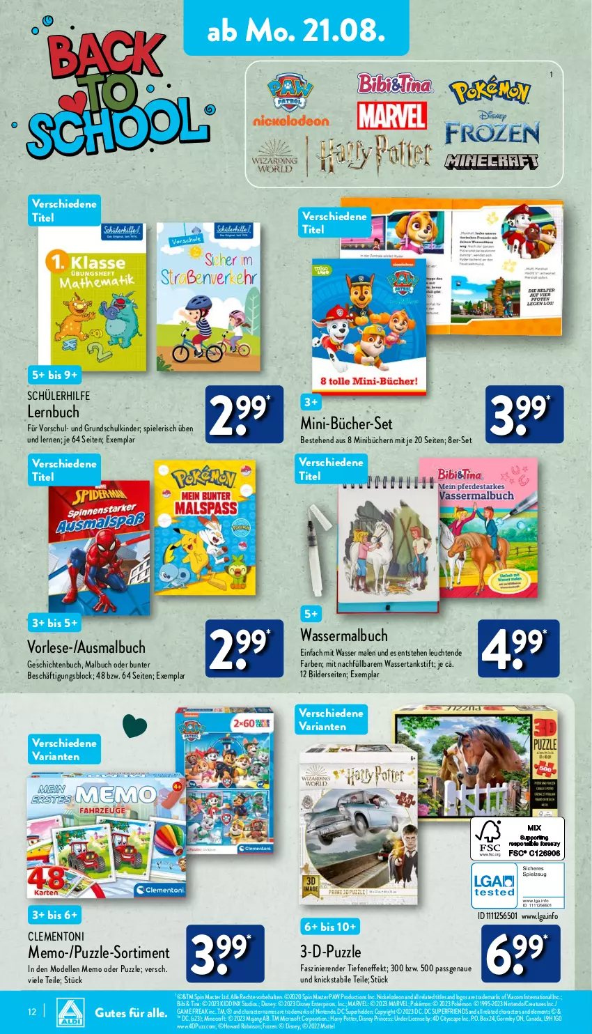 Aktueller Prospekt Aldi Nord - Von Montag - von 21.08 bis 26.08.2023 - strona 12 - produkty: buch, Cap, dell, deo, disney, elle, ente, Kinder, Leuchte, leuchten, LG, Malbuch, Mattel, Mode, nintendo, Paw Patrol, Puzzle, rel, Ria, Spiele, Ti, wasser, wassertank