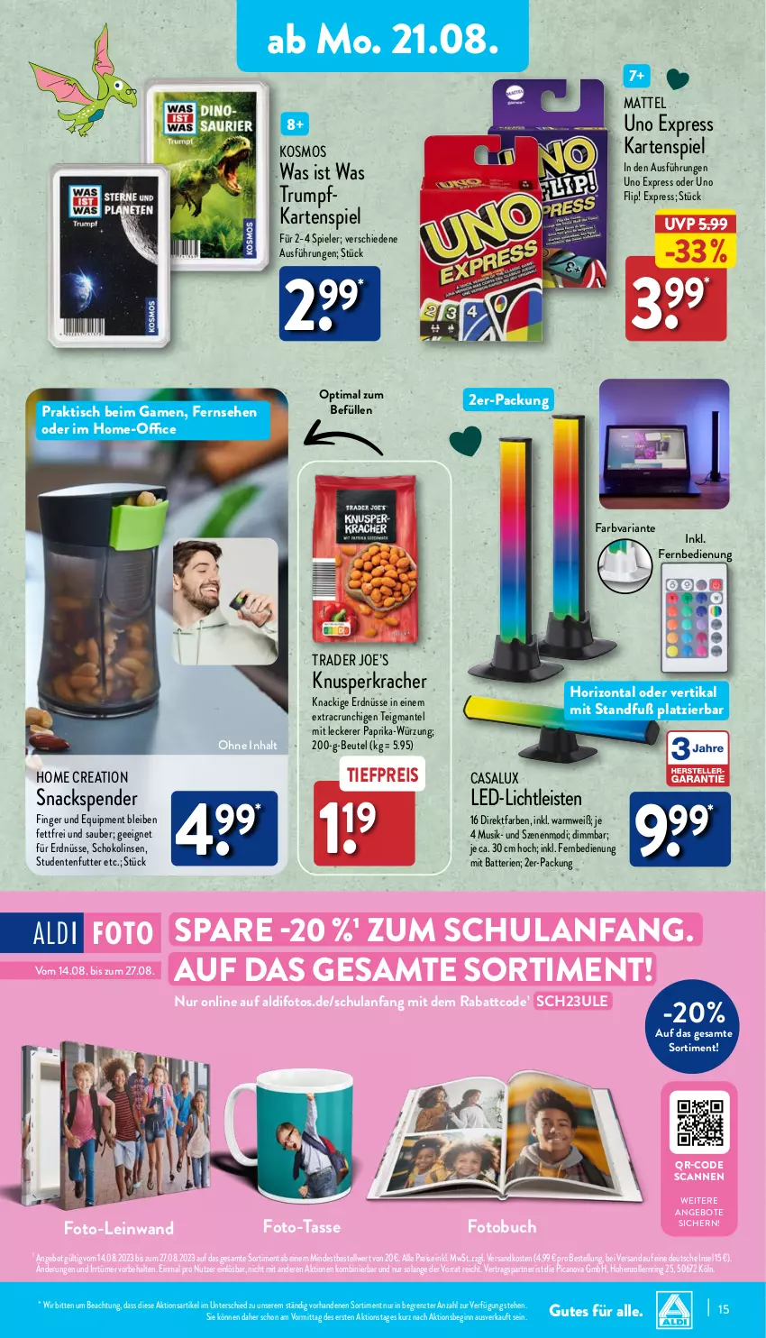 Aktueller Prospekt Aldi Nord - Von Montag - von 21.08 bis 26.08.2023 - strona 15 - produkty: aldi, angebot, angebote, batterie, batterien, beutel, buch, eis, ente, erdnüsse, fernbedienung, Fotobuch, gin, Kartenspiel, kracher, led-licht, linsen, Mantel, Mattel, ndk, office, paprika, reis, Ria, ring, rum, schoko, Schokolinsen, snack, snacks, Spiele, studentenfutter, tasse, Ti, tiefpreis, tisch, ZTE