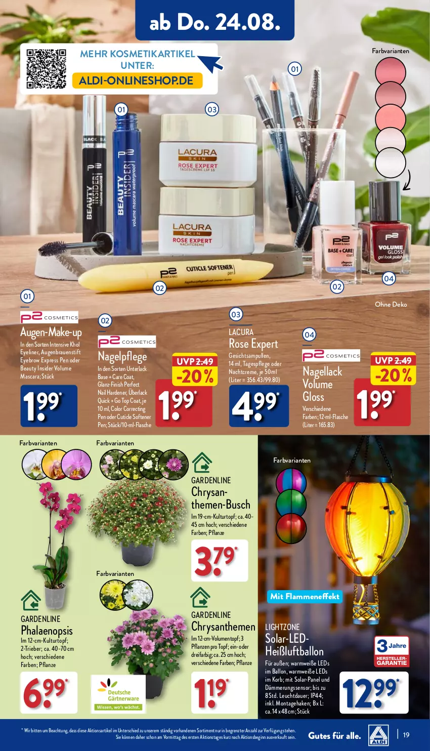 Aktueller Prospekt Aldi Nord - Von Montag - von 21.08 bis 26.08.2023 - strona 19 - produkty: aldi, auer, ball, Blüte, Brei, creme, Eyeliner, Finish, flasche, gin, korb, kosmetik, kulturtopf, lack, lamm, leds, lightzone, Luftballon, Make-up, Mascara, nachtcreme, Nagellack, pflanze, pflanzen, phalaenopsis, Ria, Tagespflege, Ti, topf, ZTE