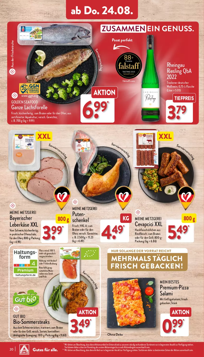 Aktueller Prospekt Aldi Nord - Von Montag - von 21.08 bis 26.08.2023 - strona 20 - produkty: aqua, asti, bio, braten, cevapcici, eis, elle, flasche, fleisch, forelle, geback, Geflügel, gin, grill, hackfleisch, henkel, Holz, Käse, küche, Küchen, lachs, leberkäs, leberkäse, nuss, Ofen, pizza, reis, rel, Ria, riesling, rind, rindfleisch, salami, Schal, Schale, schenkel, schwein, schweine, schweinerücken, steak, steaks, Ti, tiefpreis, tisch, trolli, wein, weine, Weißwein, ZTE