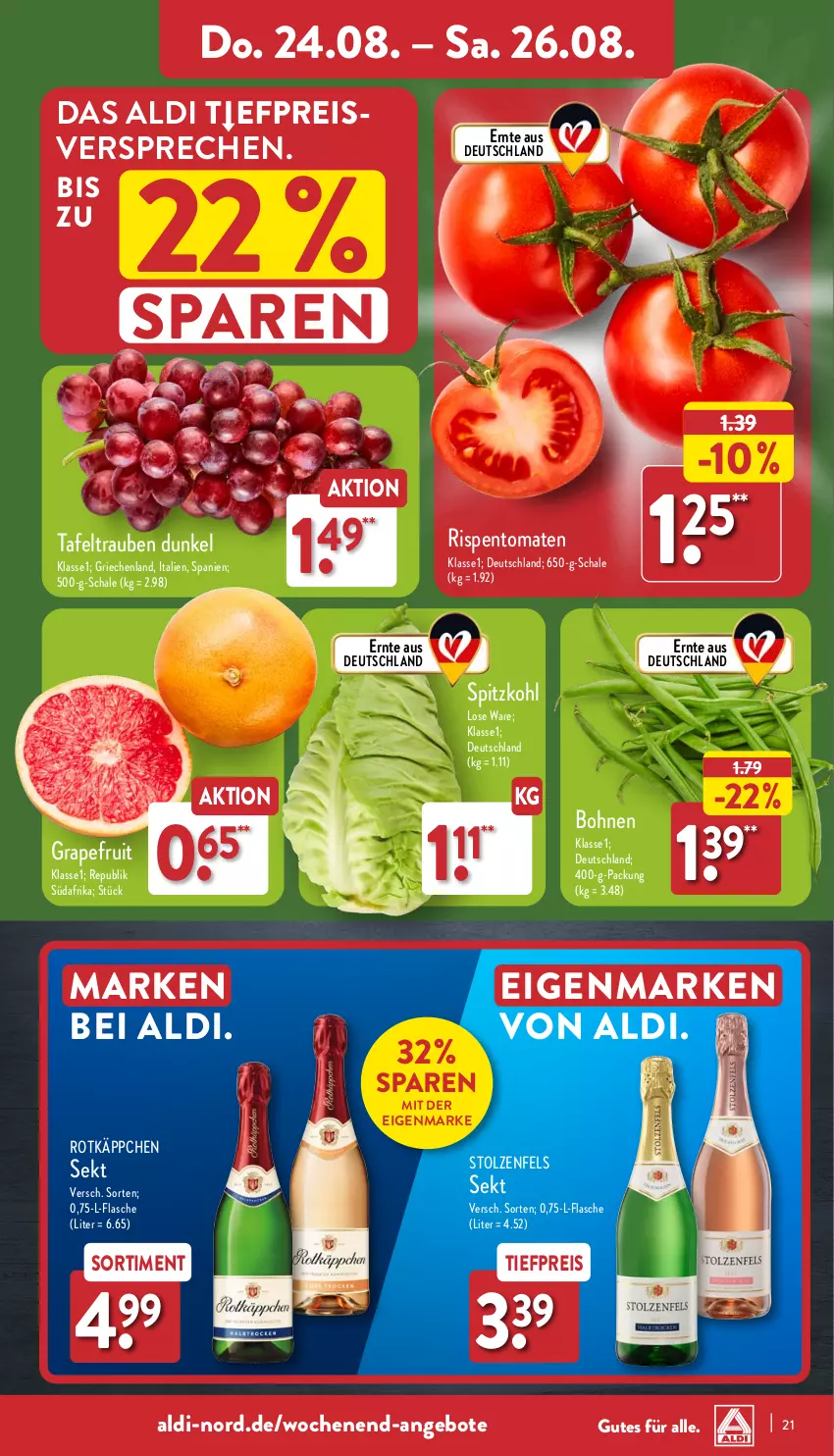 Aktueller Prospekt Aldi Nord - Von Montag - von 21.08 bis 26.08.2023 - strona 21 - produkty: aldi, angebot, angebote, bohne, bohnen, eis, flasche, grapefruit, reis, rispentomaten, rotkäppchen, Schal, Schale, sekt, spitzkohl, tafeltrauben, Ti, tiefpreis, tomate, tomaten, trauben