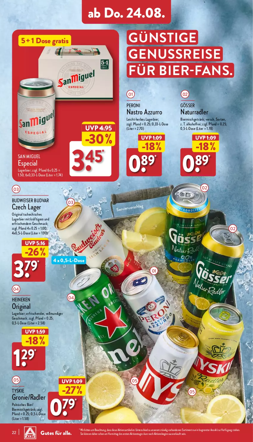 Aktueller Prospekt Aldi Nord - Von Montag - von 21.08 bis 26.08.2023 - strona 22 - produkty: alkohol, bier, budweiser, eis, getränk, gin, gösser, heineken, Lagerbier, mac, natur, nuss, Peroni, radler, reis, Ti, tyskie, ZTE