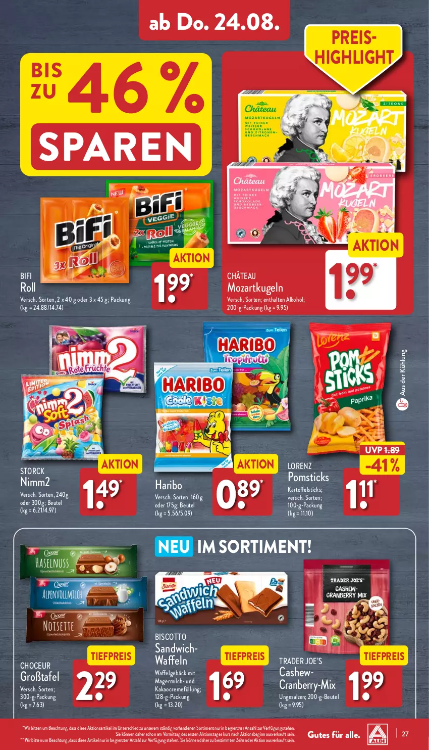 Aktueller Prospekt Aldi Nord - Von Montag - von 21.08 bis 26.08.2023 - strona 27 - produkty: alkohol, beutel, bifi, biscotto, Cashew, cranberry, creme, eis, Germ, gin, haribo, kakao, kartoffel, Kugel, LG, lorenz, milch, nimm2, reis, salz, sandwich, storck, Ti, tiefpreis, waffeln, ZTE